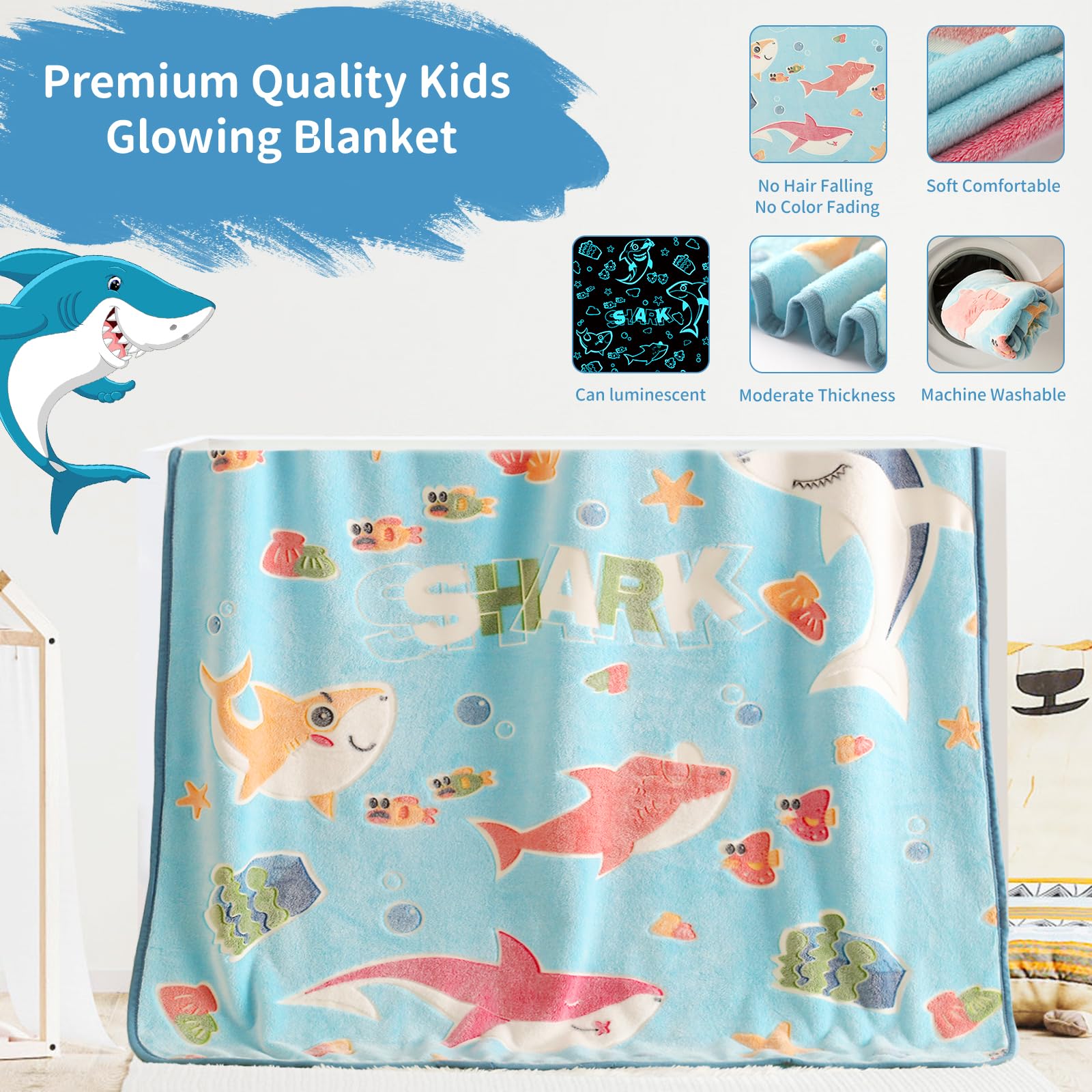 Glow In The Dark Shark Blanket,Gifts For Boys Girls 1 2 3 4 5 6 7 8 9 Year Old, Toddler Boys Girls Toys Age 6-8, Soft Blue Blank