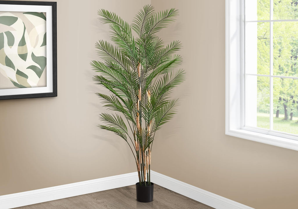 Monarch Specialties I 9590 Artificial Plant, 83' Tall, Palm Tree, Decorative, Floor, Indoor, Potted, Real Touch, Green Leaves, Black Pot
