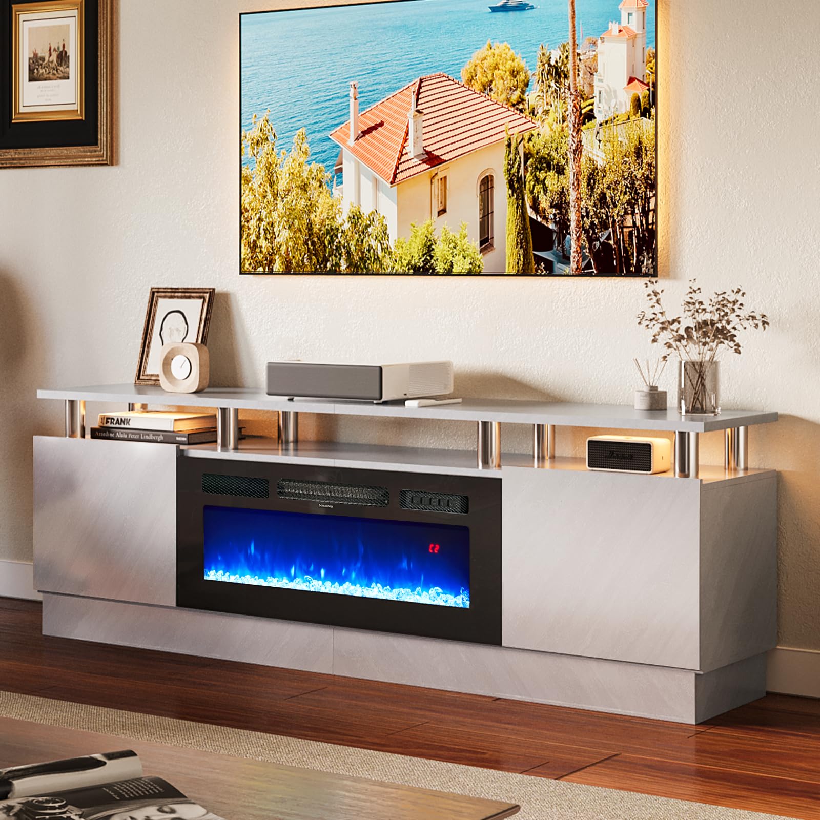 oneinmil 36 Electric Fireplace Integrated TV Stand - 70 2-Tier Console for TVs up to 80, Ideal for Living Room Settings, Gray