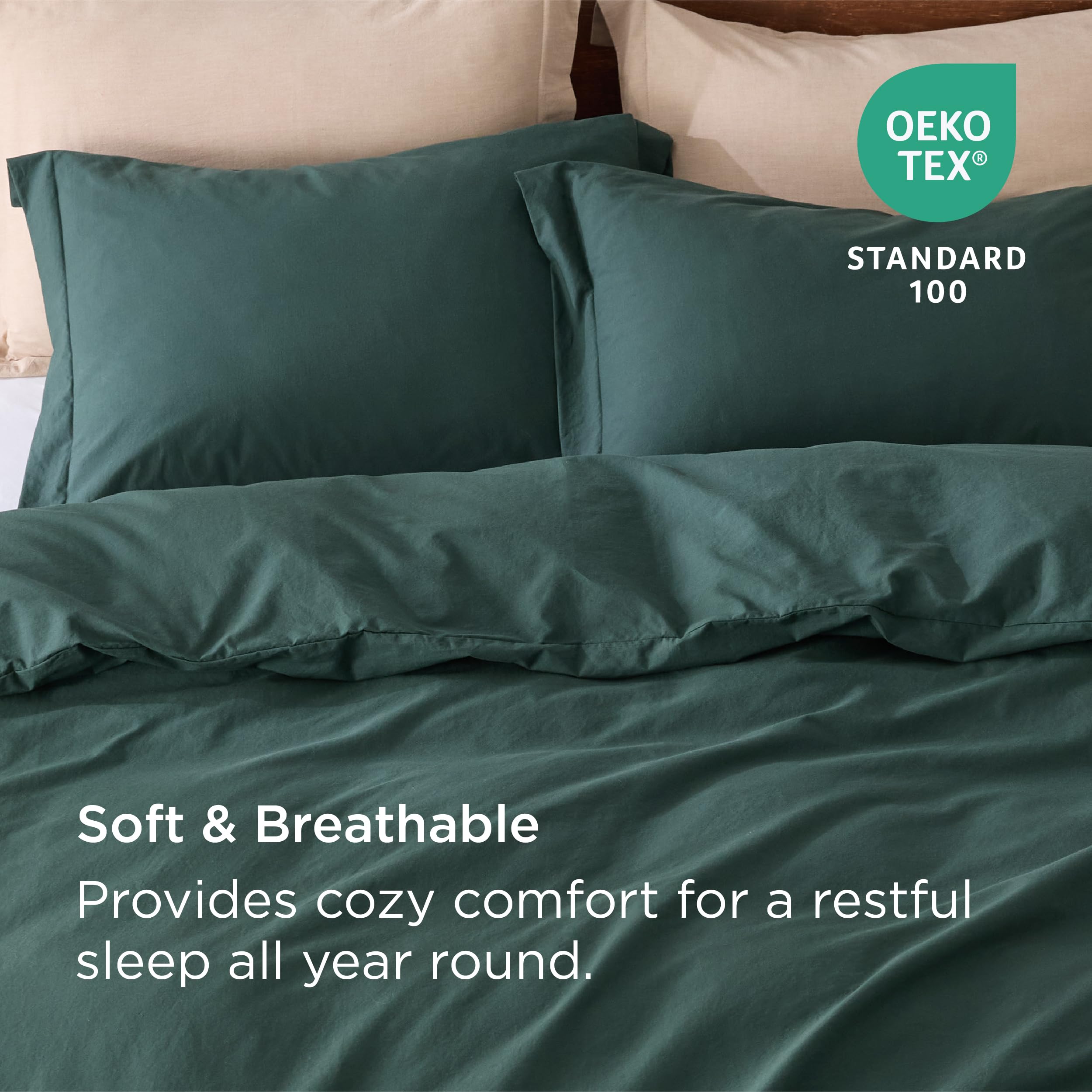 Bedsure 100% Washed Cotton Duvet Cover Queen - Forest Green Minimalist Cotton Duvet Cover Linen Like - 3 Pieces Gentlesoft™ Plain Simple Bedding Set With 2 Pillow Shams (Forest Green, Queen, 90'X90')