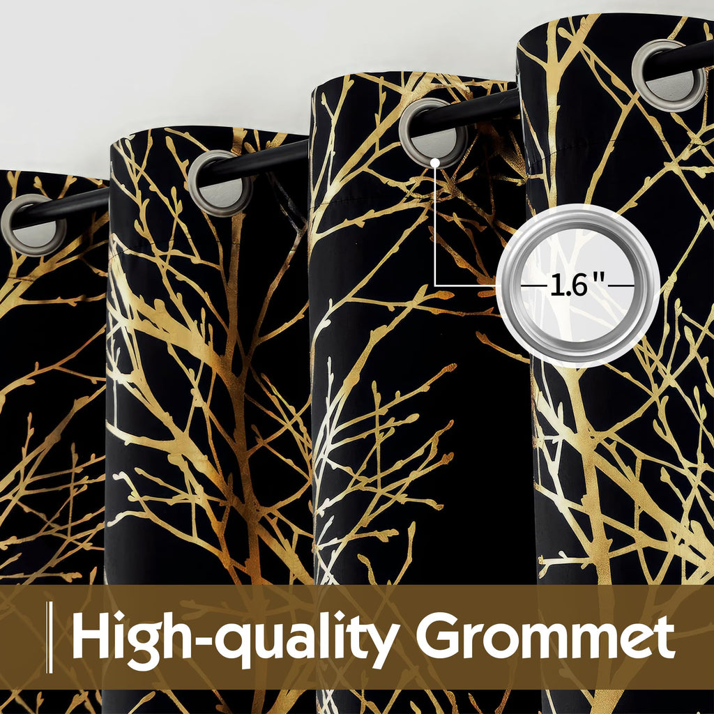 Fmfunctex 100% Blackout Curtains For Bedroom, Gold Foil On Black Curtains 84 Inches Long Curtains For Living Room, Metallic Tree