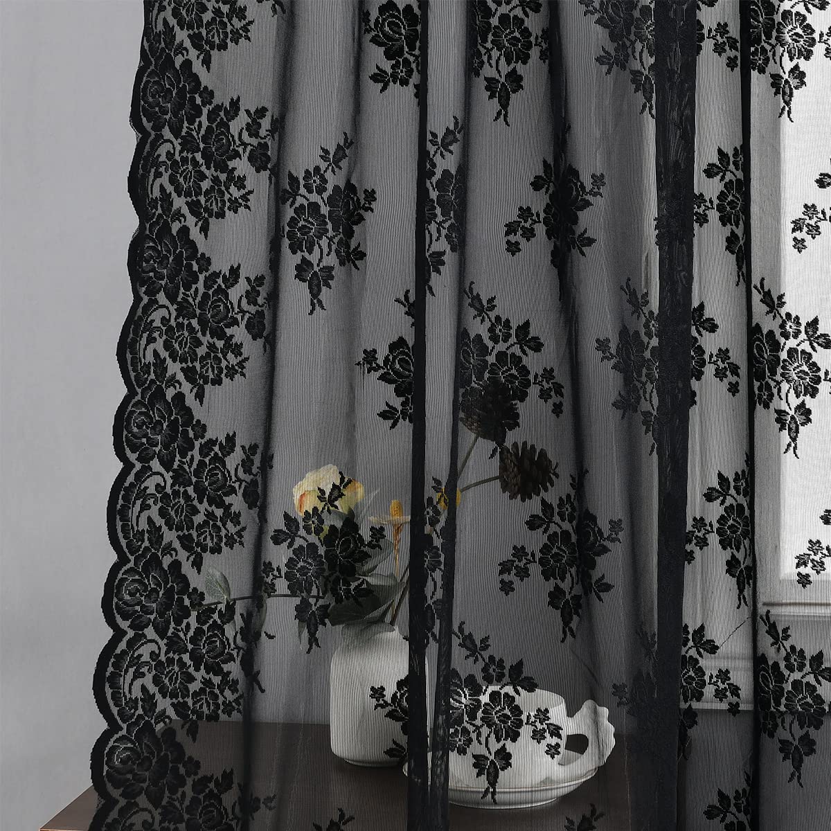 Kotile Black Lace Curtains 90 Inches Long For Living Room, 2 Panels Rustic Floral Vintage Gothic Black Sheer Curtains Halloween