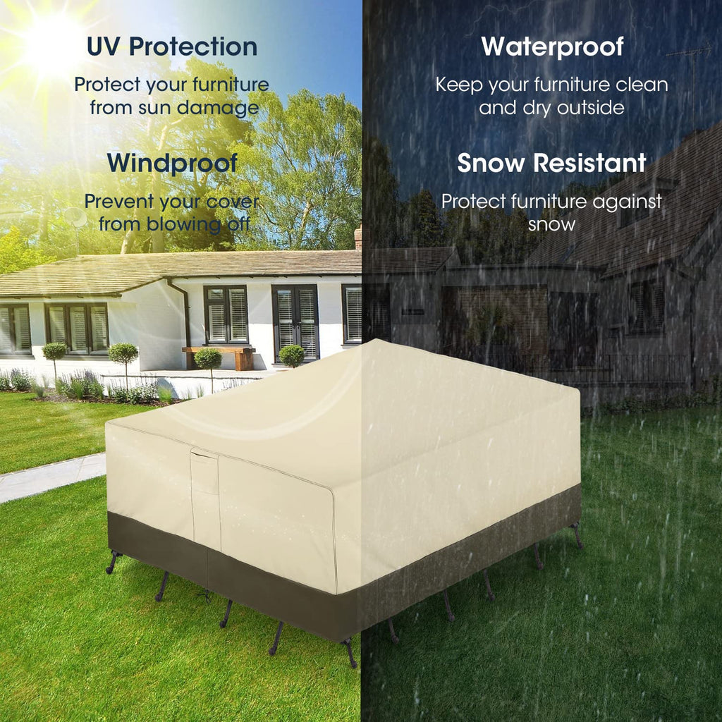 Sunpatio Patio Furniture Covers, 600D Waterproof Rectangular/Oval Dining Table And Chairs Cover, All-Weather Protection Outdoor Sectional Conversation Set Cover, Beige And Olive, 88'W X 62'D X 28'H