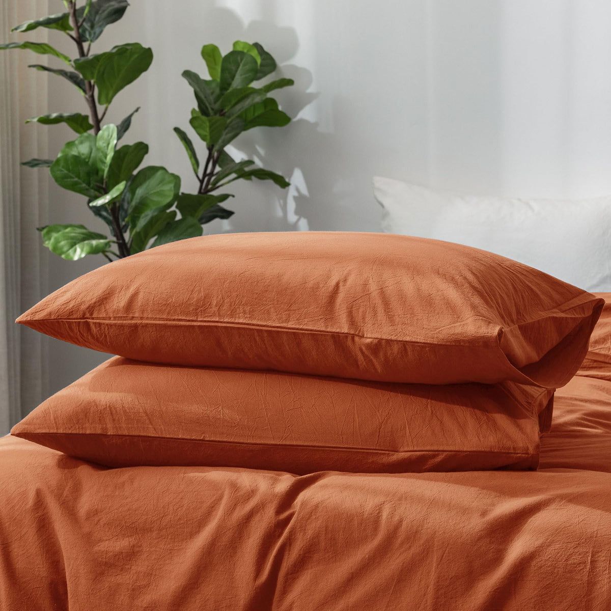 Moomee Bedding Pillowcases Pack Of 2 100% Washed Cotton Linen Like Textured Breathable Durable Soft Comfy (Rust Brown, King)