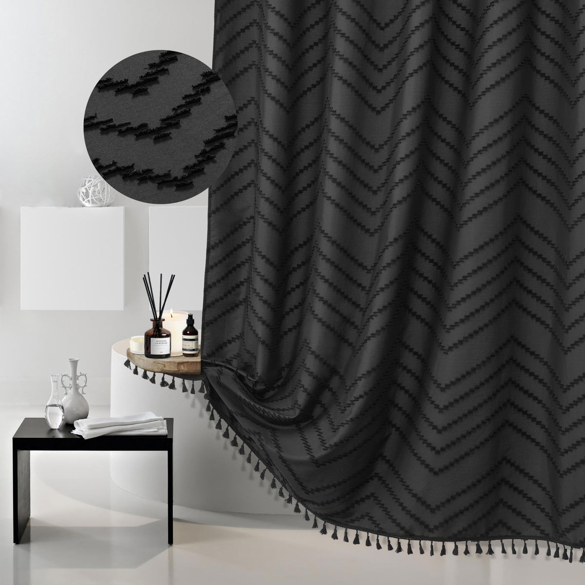 Boho Shower Curtain Black Tassel Woven Fabric Shower Curtain 72 X 72 Modern Farmhouse Textured Tufted Chevron Striped Minimalist