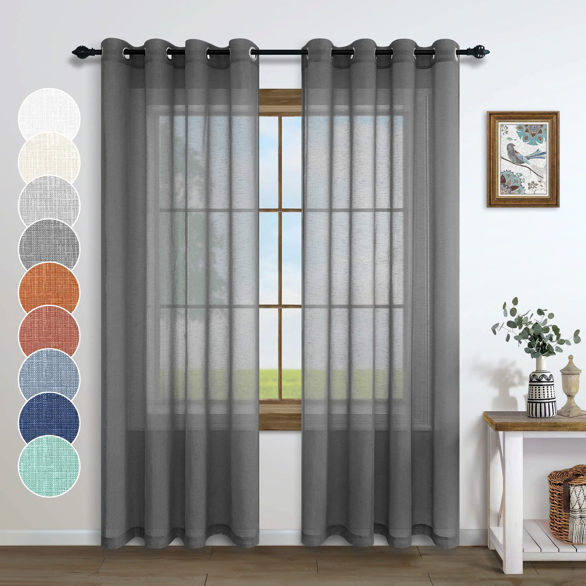 Pitalk Dark Grey Sheer Curtains 90 Inches Long For Living Room 2 Panels Double Rod Pocket Window Semi Sheer Linen Textured Charc
