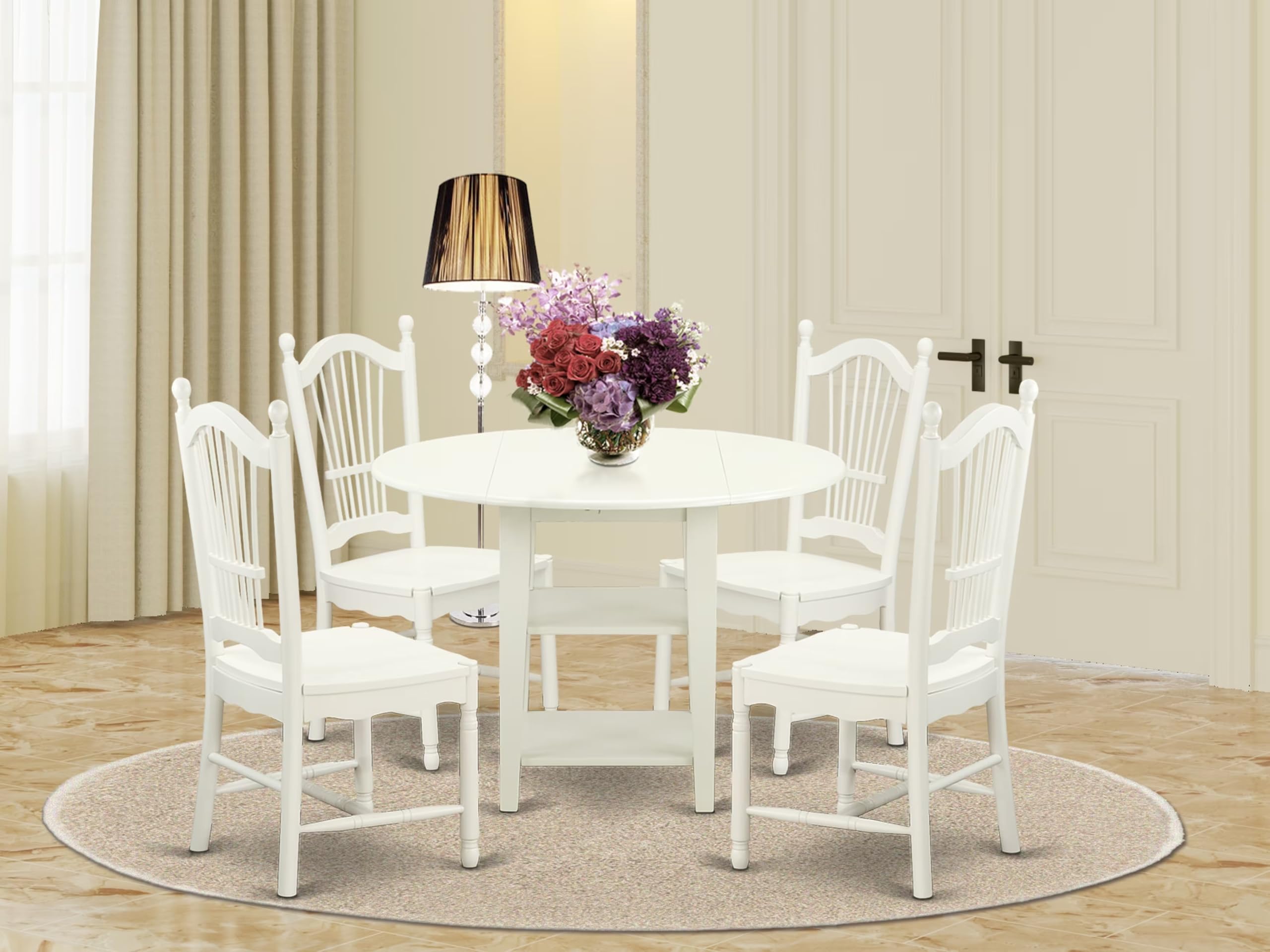 East West Furniture Sudo5-Lwh-W 5 Piece Dining Room Furniture Set Includes A Round Kitchen Table With Dropleaf & Shelves And 4 Dining Chairs, 42X42 Inch, Linen White