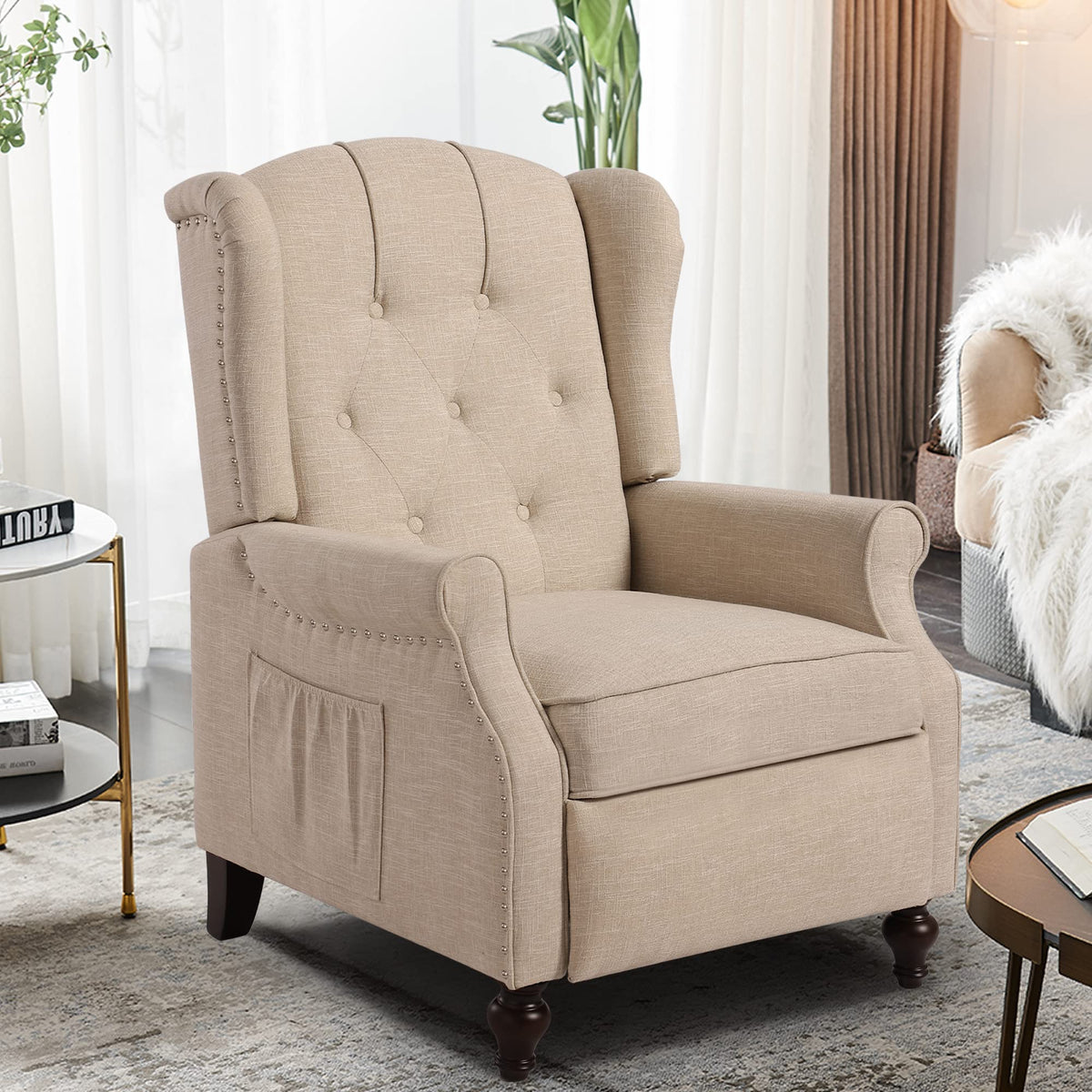 Consofa Wingback Recliner Chair With Massage And Heat, Tufted Fabric Push Back Recliner, Wingback Chair With Remote Control, Pad