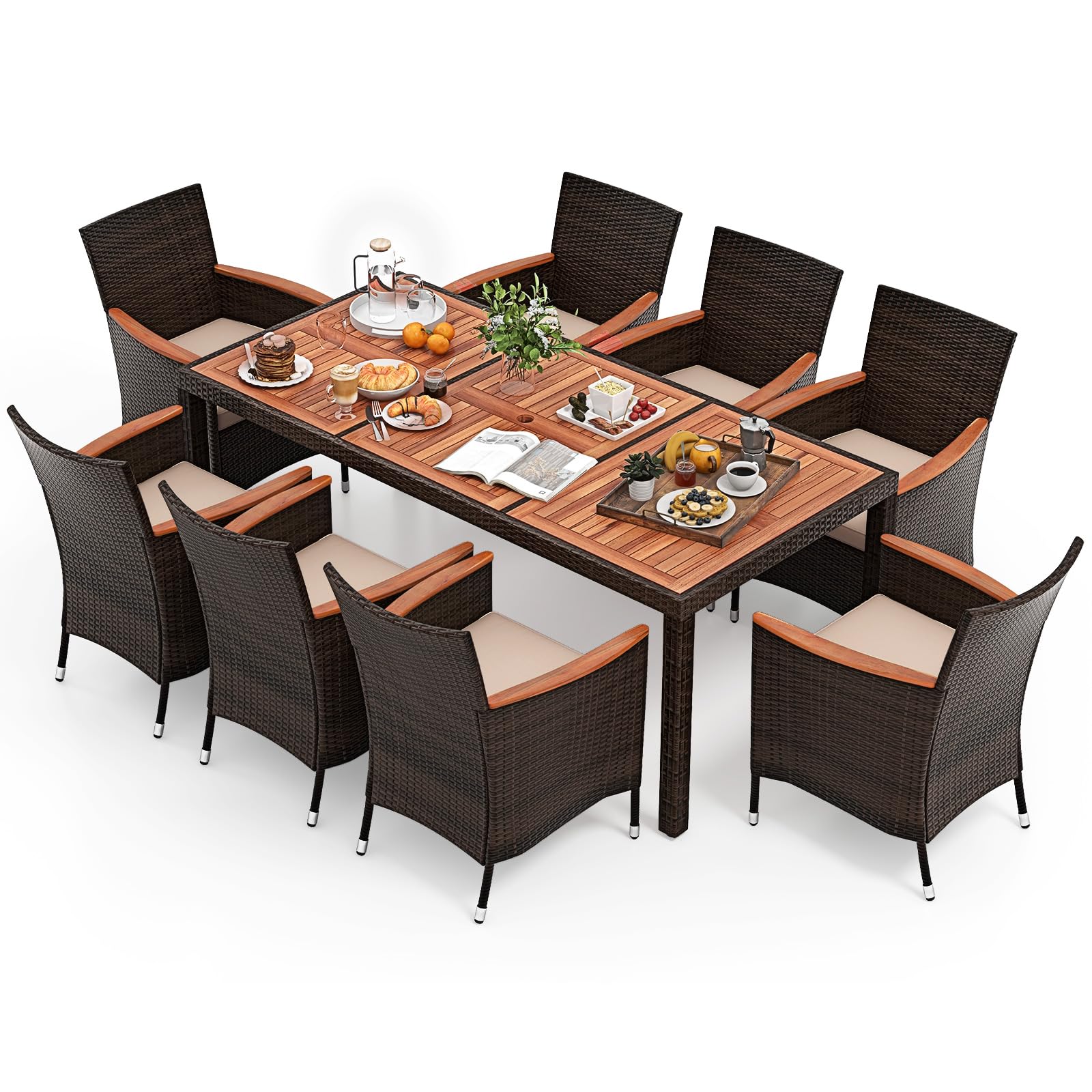 Oralner 9 Pieces Outdoor Dining Set, Patio Wicker Dining Table And Chairs Set With Acacia Wood Table Top, Seat Cushions, Rattan Dining Table Set For 8, Garden Yard Poolside Deck (Brown)