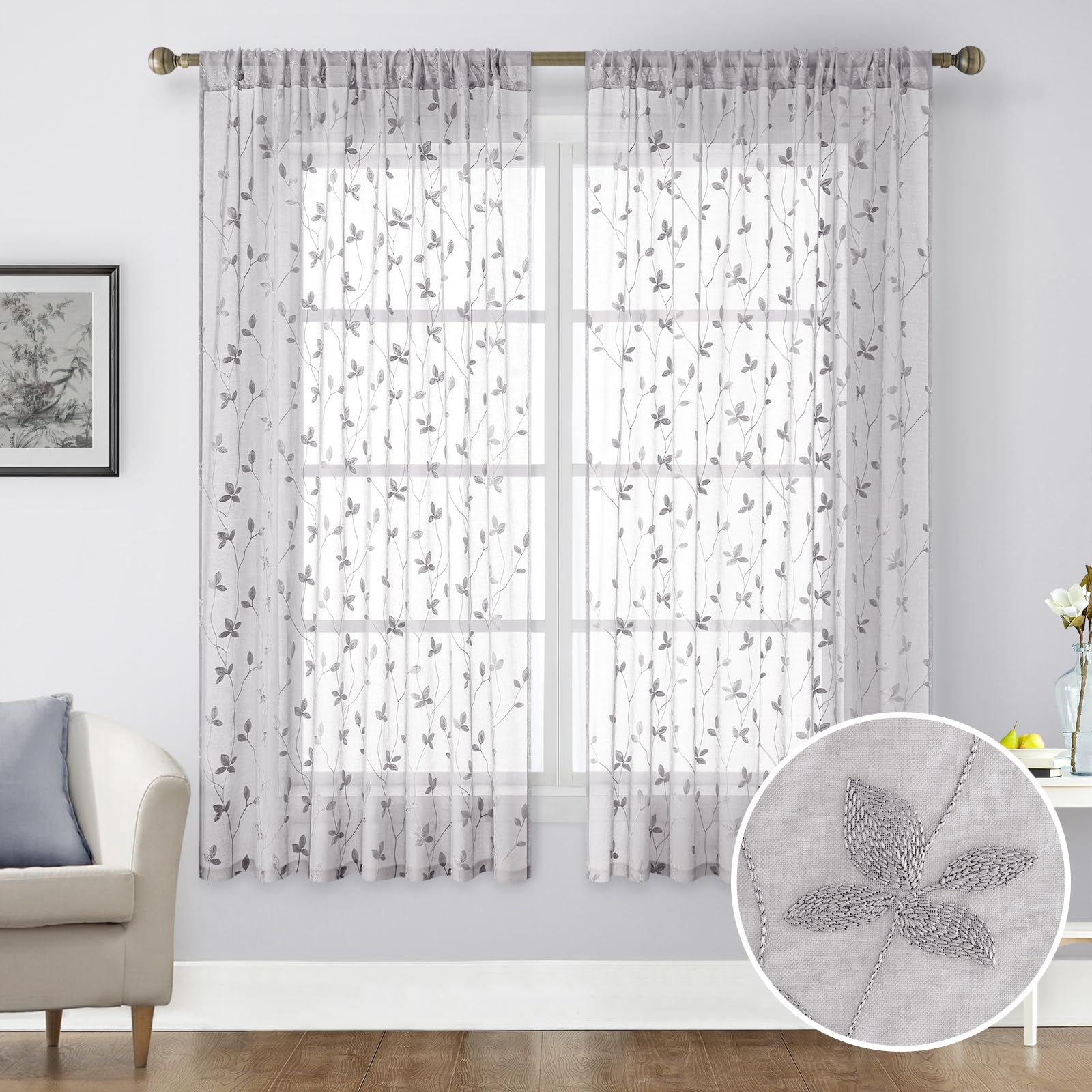 Homeideas Light Grey Sheer Curtains 52 X 63 Inches Length 2 Panels Embroidered Vine Floral Pattern Pocket Faux Linen Semi Sheer