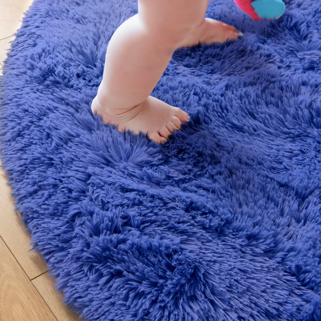 Junovo Rug 4X4 Feet, Light Navy, Fluffy Soft Area Rugs For Kids Girls Room Princess Castle Plush Shaggy Carpet, Circular Home De