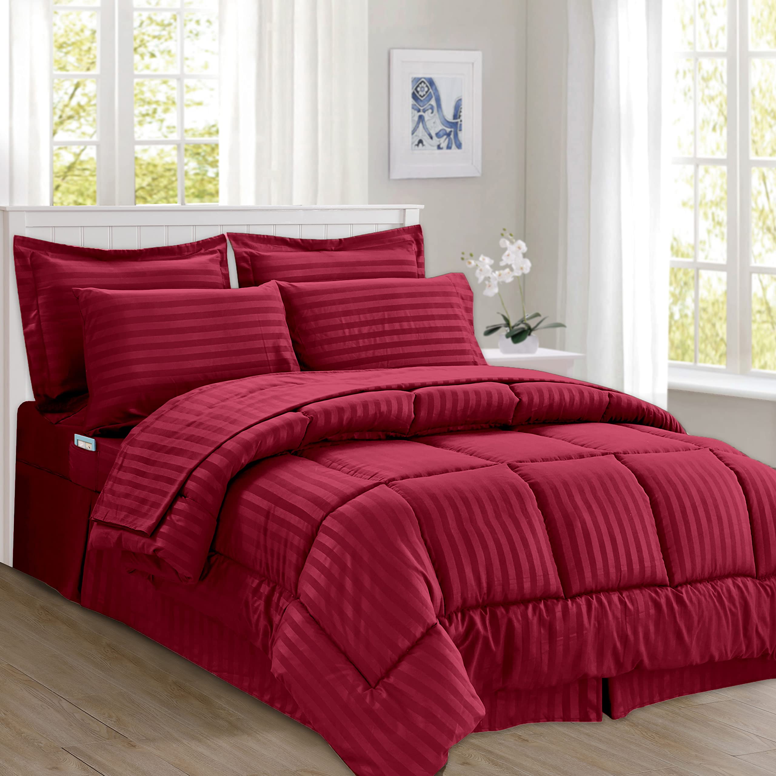 Elegant Comfort Silky Soft 8-Piece Dobby Stripe Bed-In-A-Bag Comforter Set, Includes 4Pc Smart Sheet Set, Bed Skirt, Comforter, Matching Pillowcases And Shams - Twin/Twin Xl, Burgundy