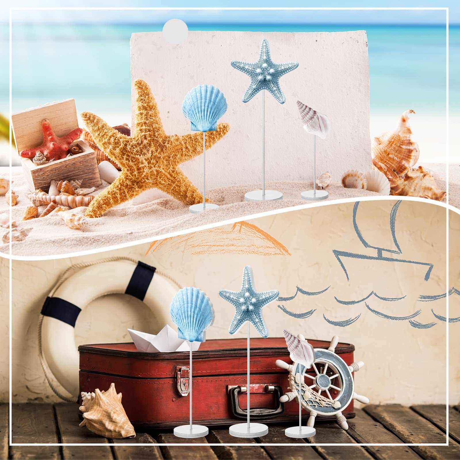 3 Pieces Summer Beach Ocean Theme Ornament Tabletop Nautical Coastal Decoration For Home Rustic Wooden Table Sign Tall Standing