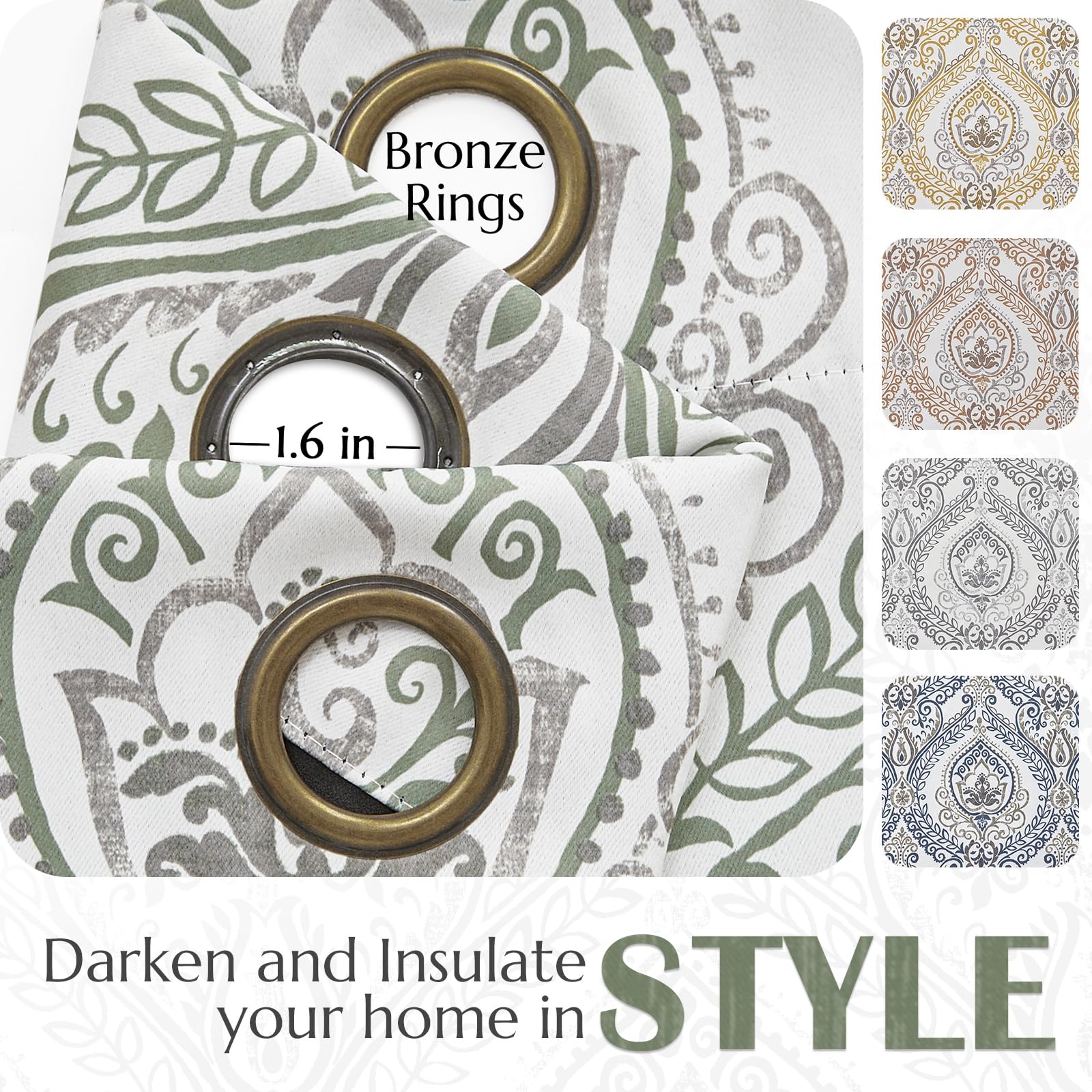 Jinchan 100% Blackout Curtains 84 Inches Long Sage Green Damask Medallion Window Curtains For Bedroom Grommet Thermal Insulated Drapes For Living Room Vintage Luxury Window Treatments Set 2 Panels