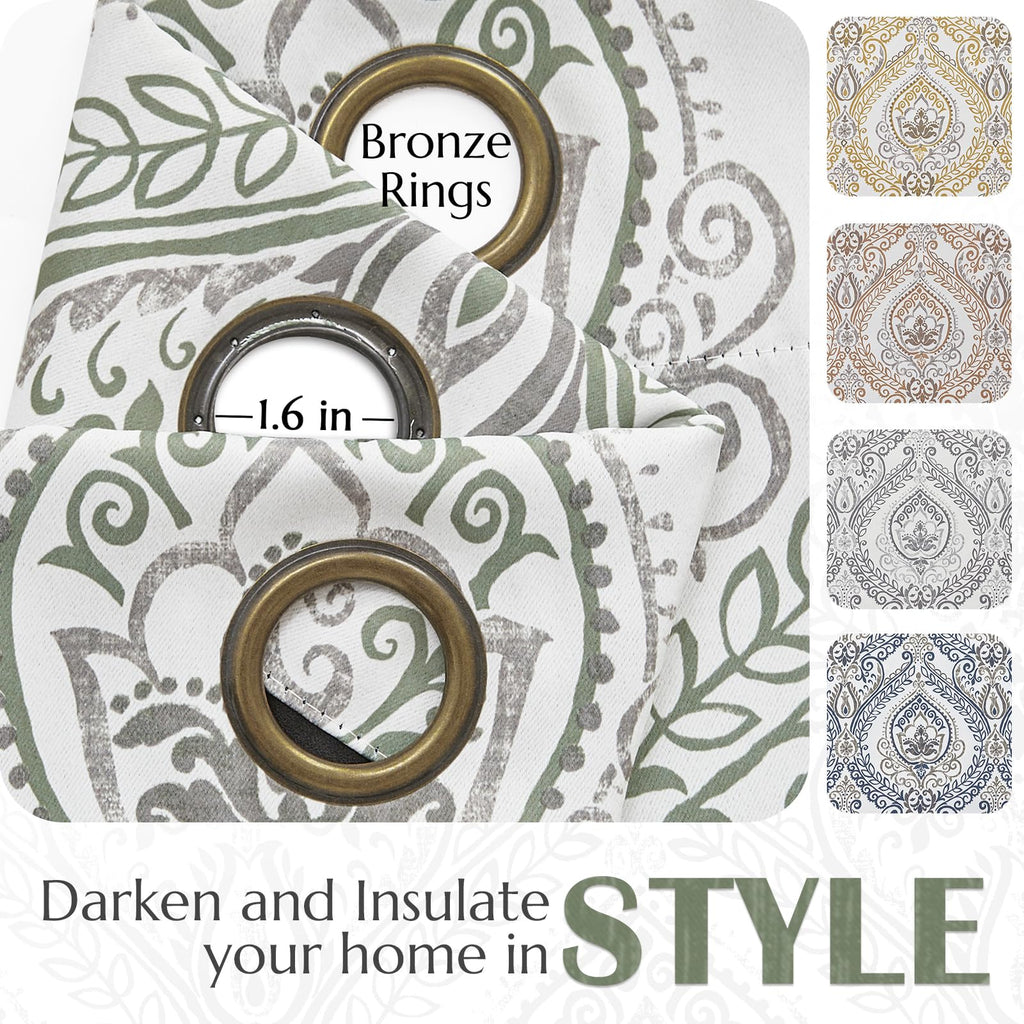 Jinchan 100% Blackout Curtains 84 Inches Long Sage Green Damask Medallion Window Curtains For Bedroom Grommet Thermal Insulated Drapes For Living Room Vintage Luxury Window Treatments Set 2 Panels
