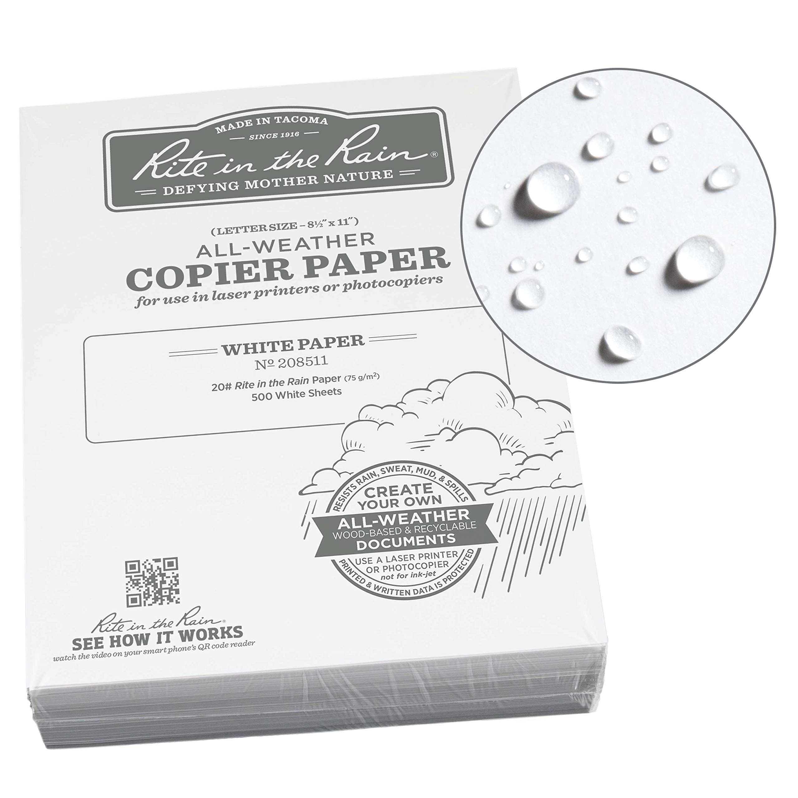 Rite In The Rain Weatherproof Bulk Copier Paper, 8.5' X 11', 20# White, 500 Sheet Pack (No. 208511)