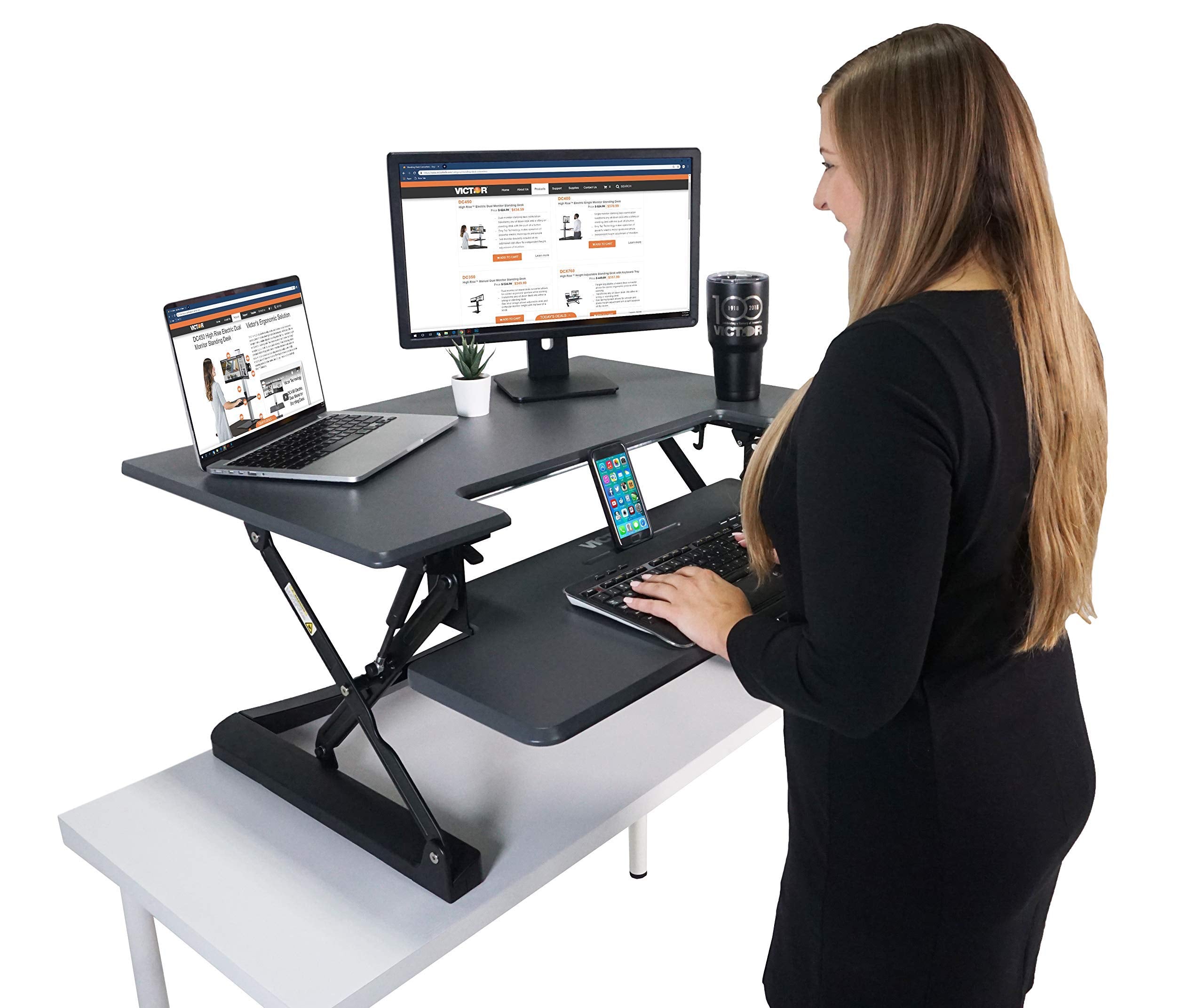 Victor DCX760G High Rise Collection Height Adjustable Standing Desk with Removable Keyboard Tray | Gray | 36    Wide Standing De