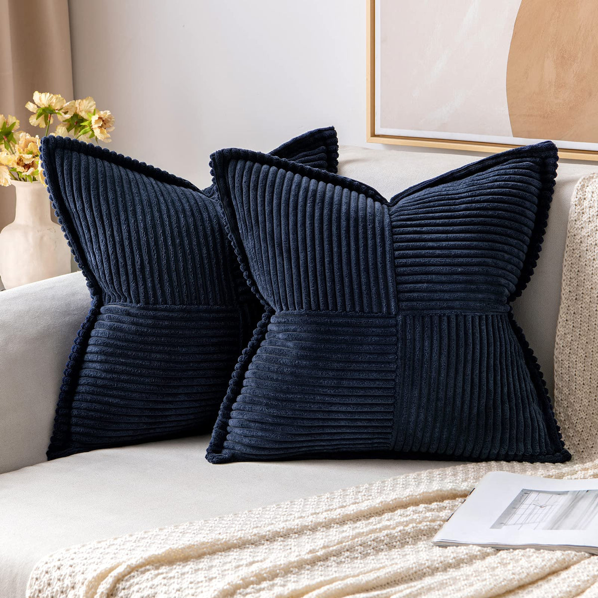 Miulee Navy Blue Corduroy Pillow Covers 24 X 24 Inch With Splicing Set Of 2 Super Soft Boho Striped Pillow Covers Broadside Deco