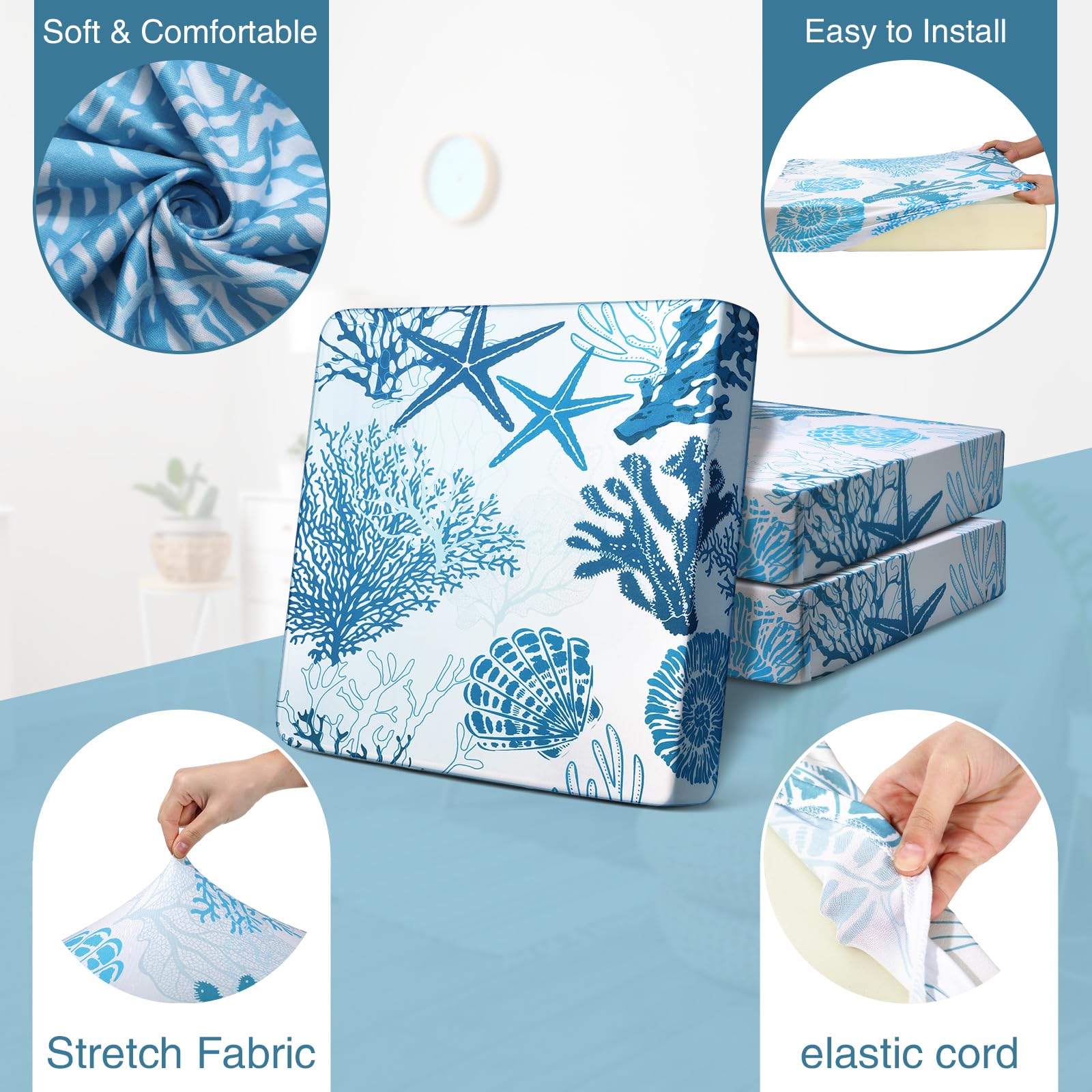 Newwiee 12 Pcs Patio Stretch Sofa Cushion Covers Outdoor Cushion Cover Replacement Couch Slipcover Sofa Seat Cover Flexibility Chair Cushion Cover Porch Patio Furniture Protector (Light Blue,Ocean)