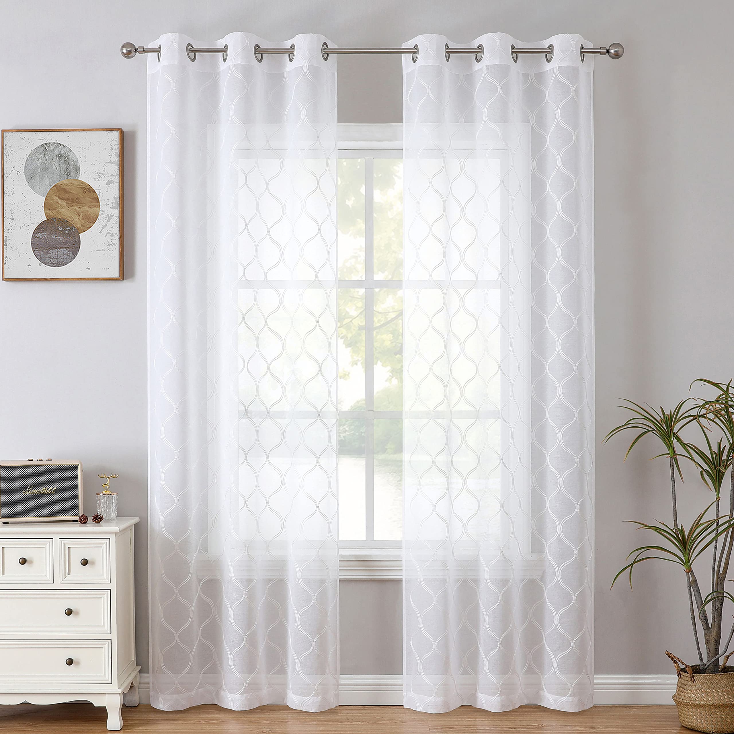 Bujasso White Sheer Curtains 84 Inch Geometric Embroidered Light Filtering Window Panels For Living Room Bedroom Modern Moroccan