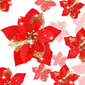 36 Pieces Christmas Glitter Poinsettia Faux Flowers Christmas Flowers Decorations Wedding Xmas Tree New Year Ornaments (Red)