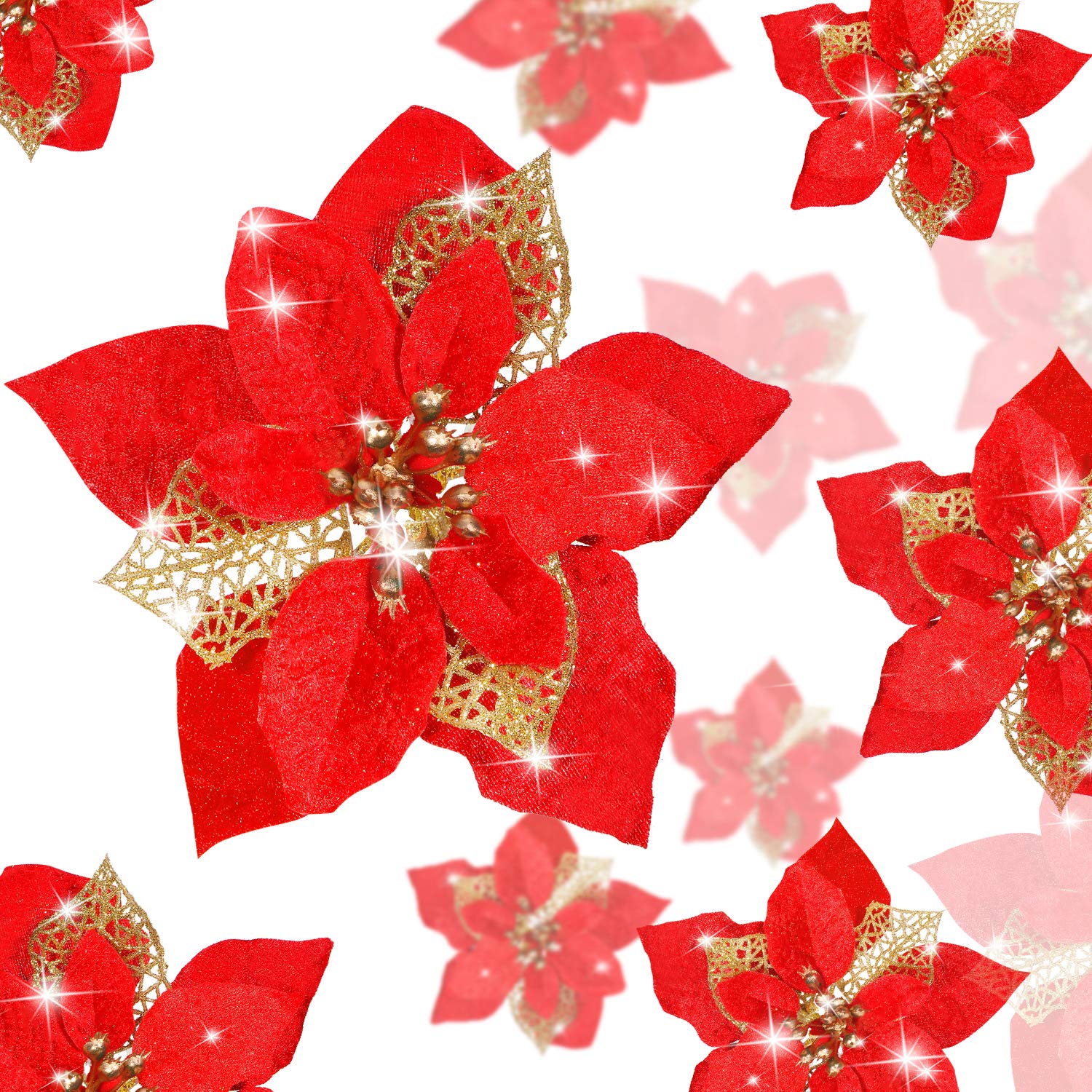 36 Pieces Christmas Glitter Poinsettia Faux Flowers Christmas Flowers Decorations Wedding Xmas Tree New Year Ornaments (Red)