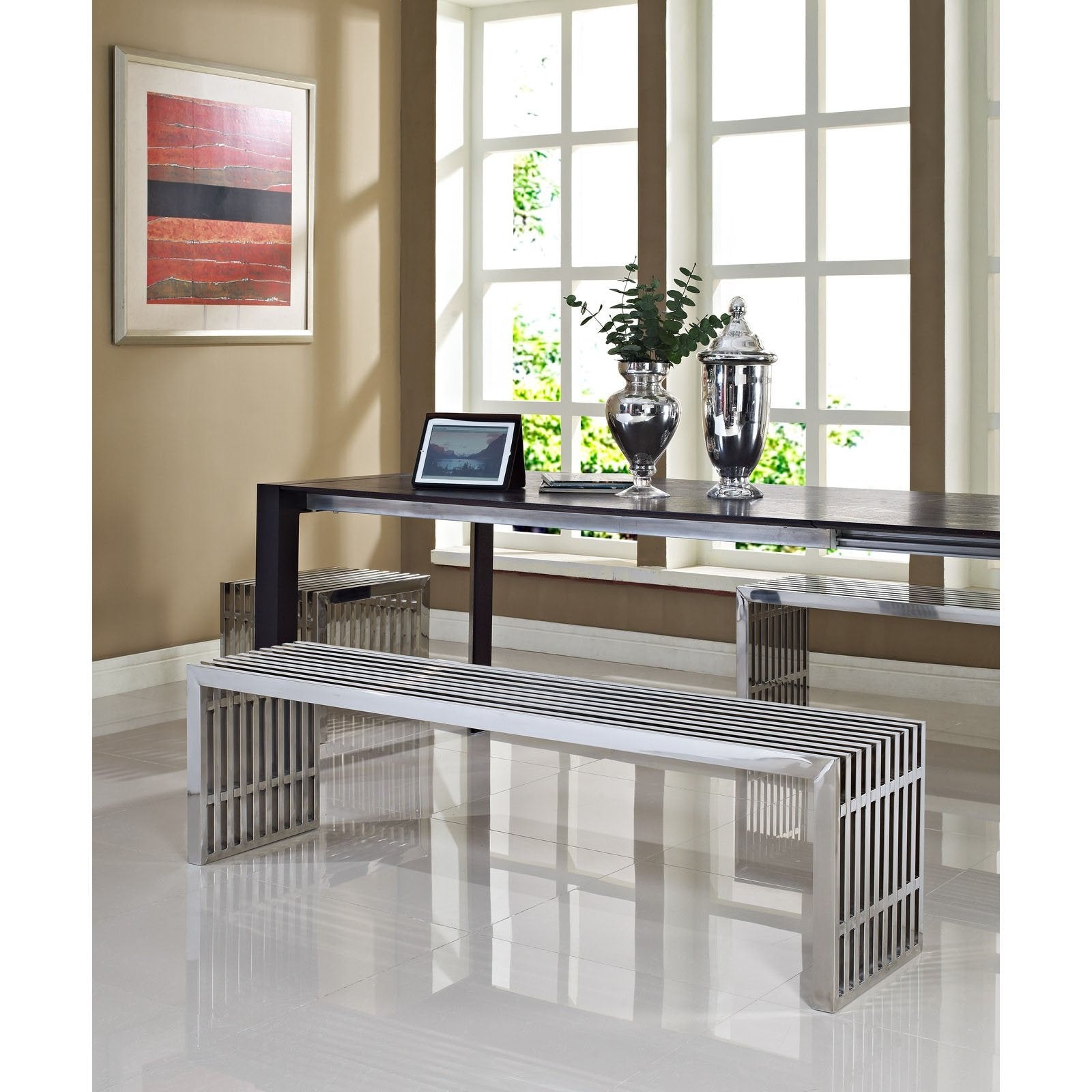 Modway Gridiron Benches Set Of 3 In Silver