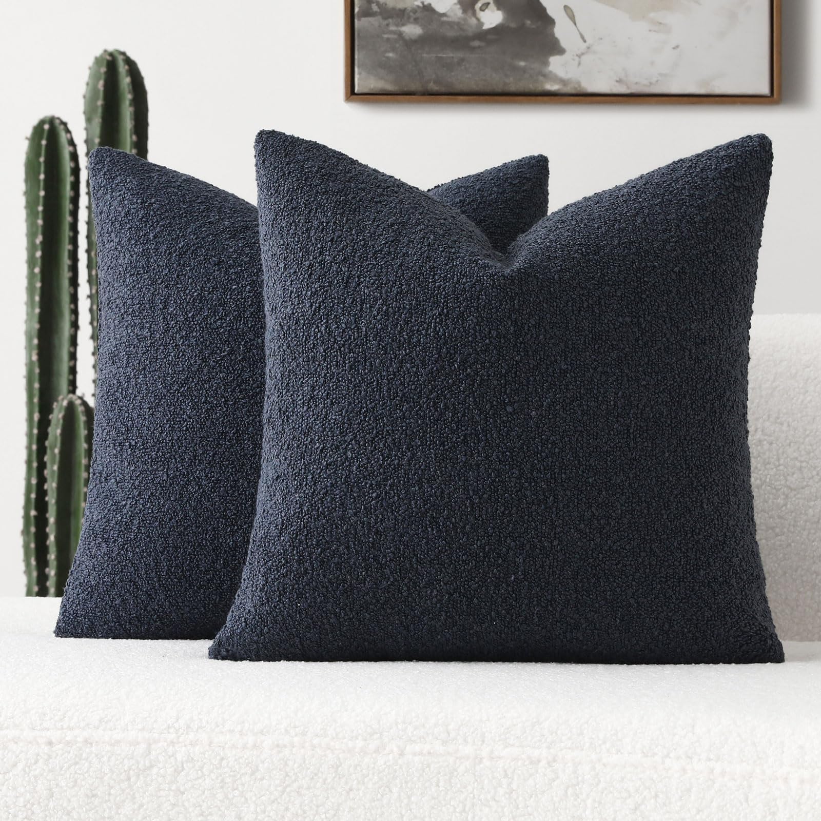Futei Pack Of 2 Navy Blue Boucle Accent Decorative Throw Pillow Covers,18X18 Inch Soft Solid Textured Cushion Case,Home Decor Fo