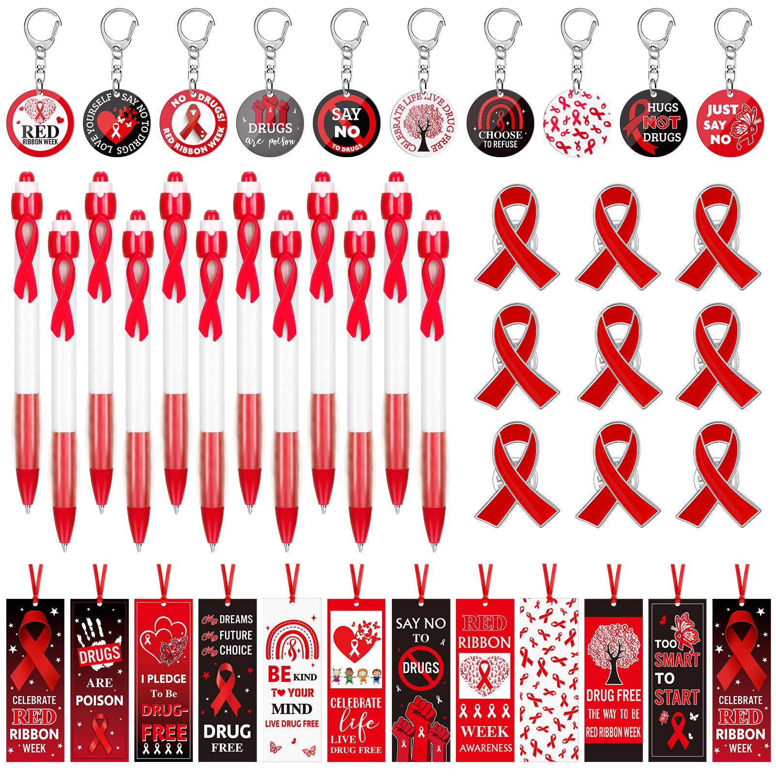Yaomiao 180 Pcs/ 30 Sets Red Ribbon Awareness Gift Accessory Include 30 No Drugs Awareness Pen 60 Red Ribbon Week Bookmark 30 Dr