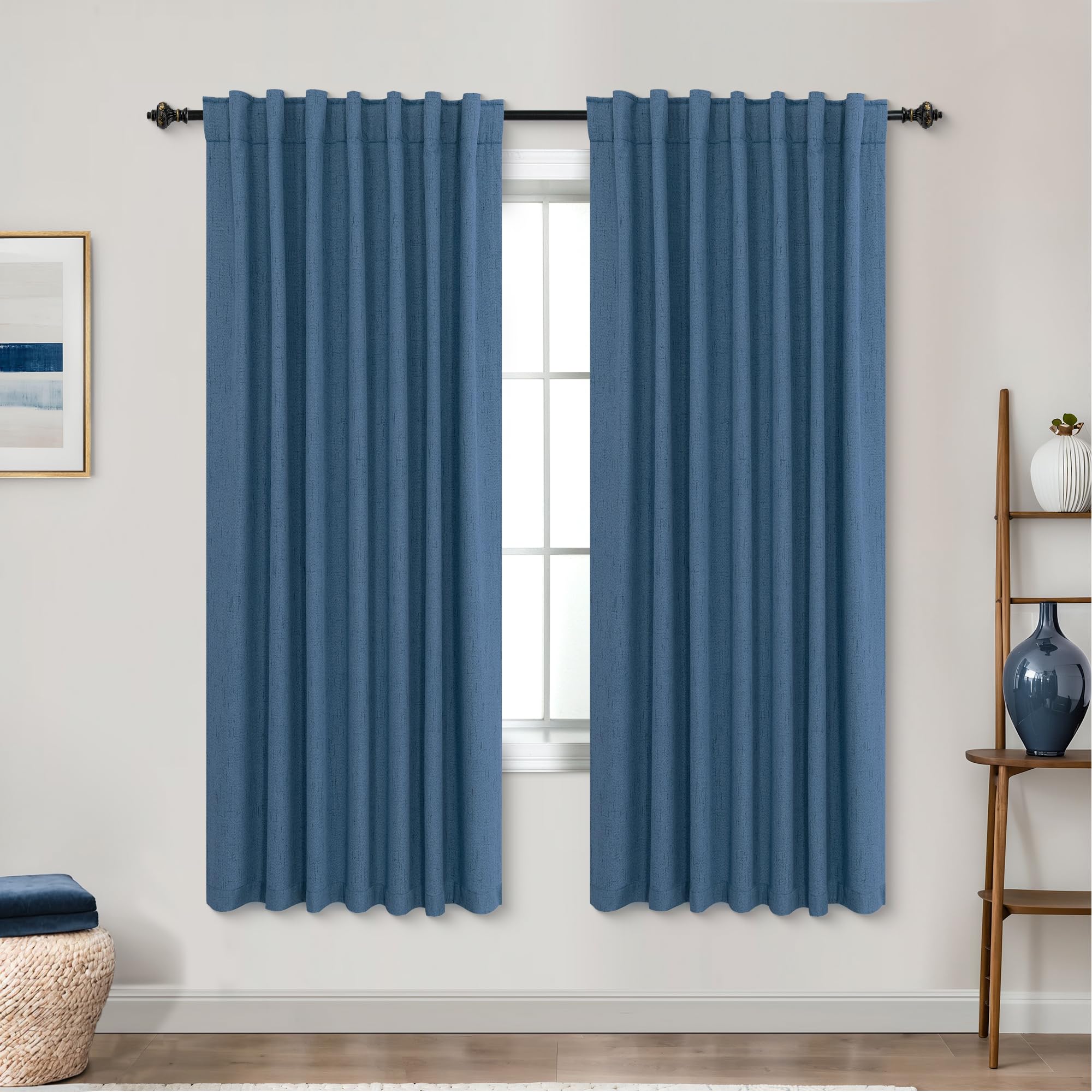 Koufall Denim Blue Back Tab Linen Blackout Curtains For Living Room 52X63 Inches Long