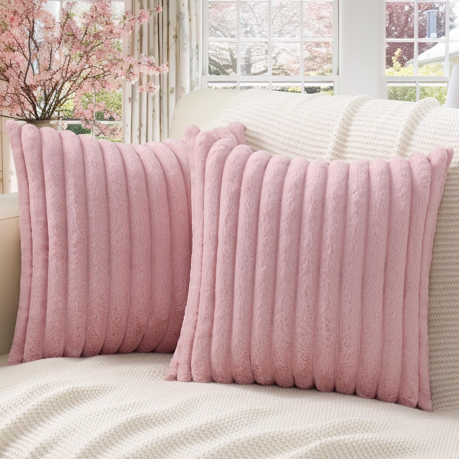 Pallene Faux Fur Plush Throw Pillow Covers 16X16 Set Of 2 - Soft Fluffy Striped Christmas Decorative Pillow Covers For Sofa, Cou