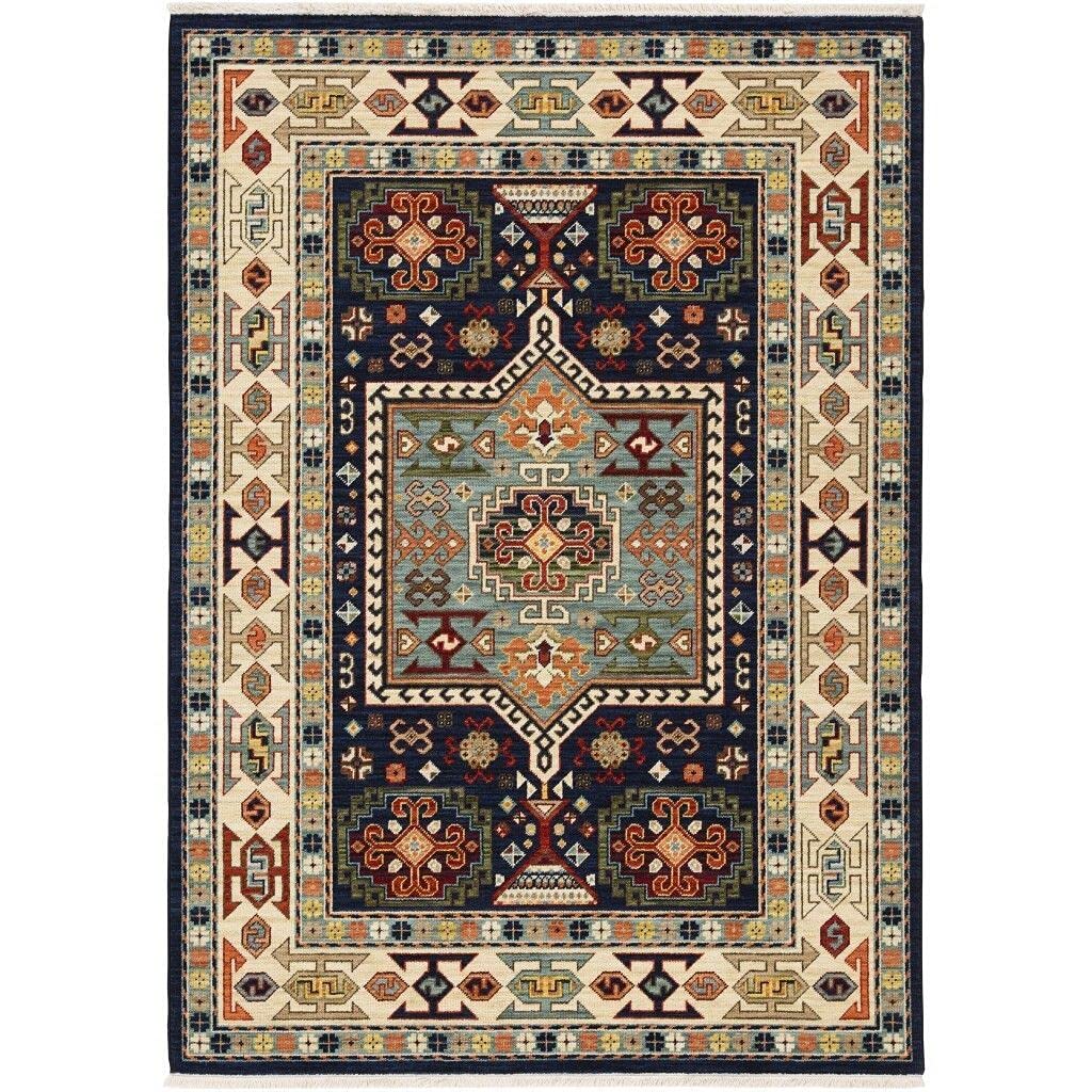 HomeRoots Wool, Nylon 3' x 5' Blue Ivory Machine Woven Medallion Indoor Area Rug