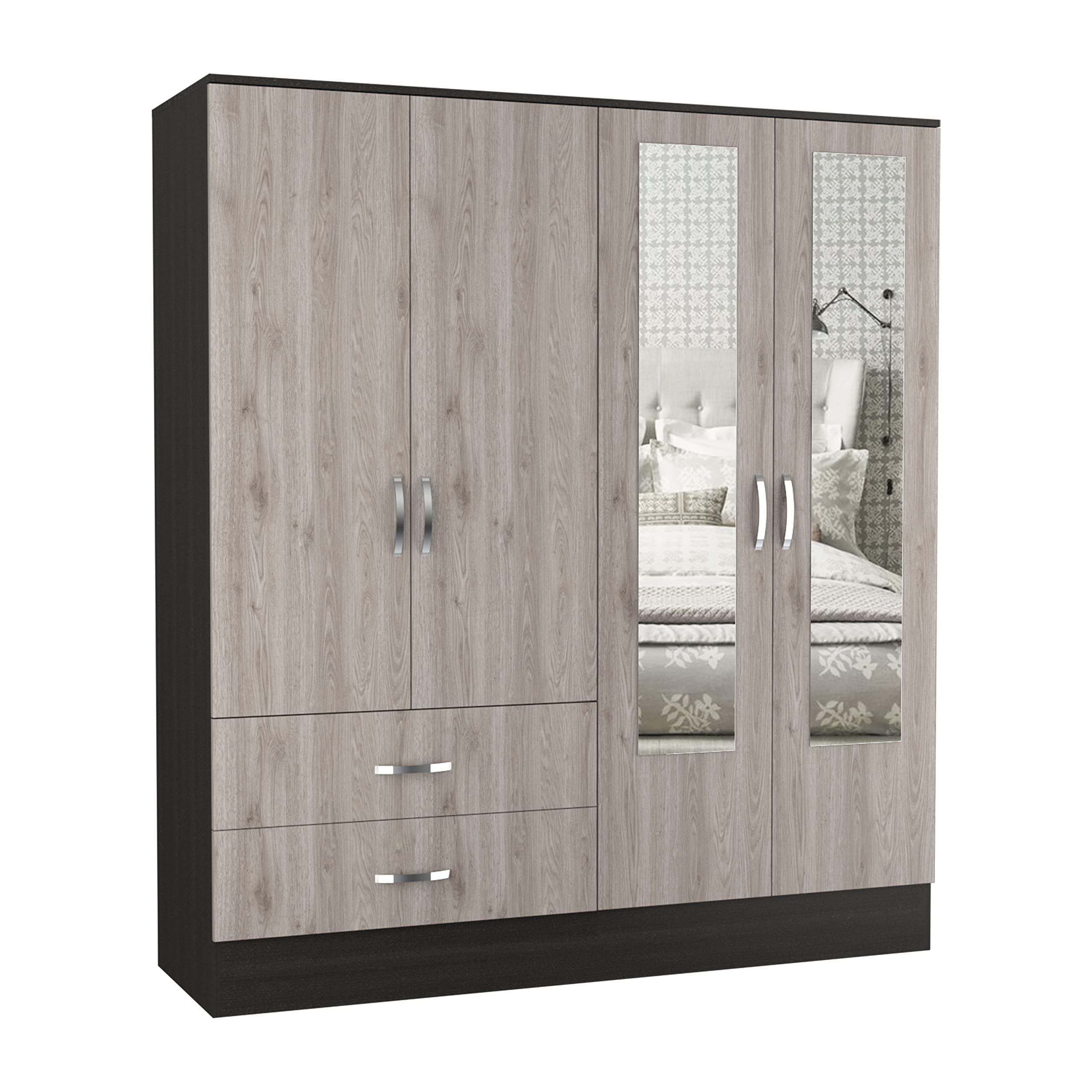 Gangi 160 Armoire, Double Door Cabinet, 2 Mirrors, Metal Hardware, 2 Drawers, Rod, 6 Shelves, Black/Light Gray