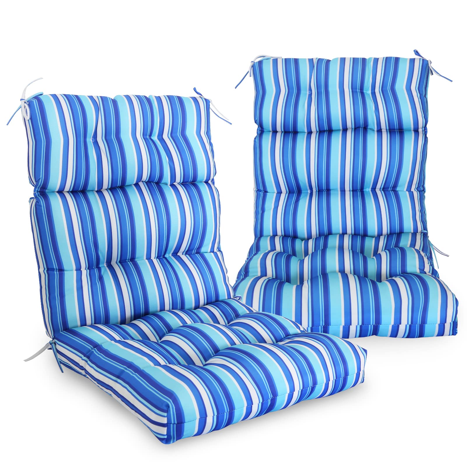 Eagle Peak Tufted Outdoor/Indoor High Back Patio Chair Cushions, Set Of 2, 46' X 22', Blue Stripe