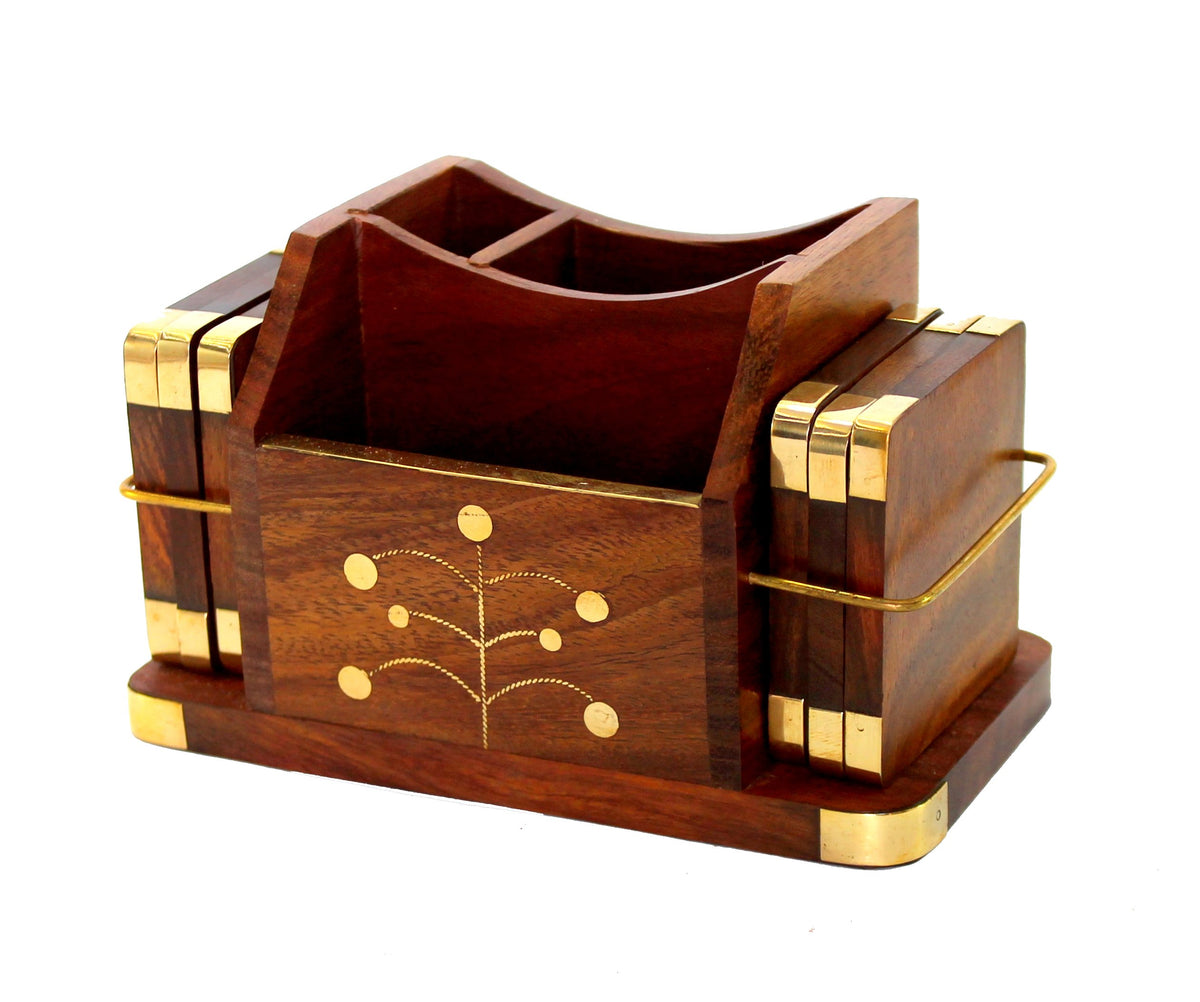 Stonkraft Wooden Rosewood Desk Organizer, Coasters Set, Pen Stand, Business Card Holder With Brass Work (Office Table Accessorie