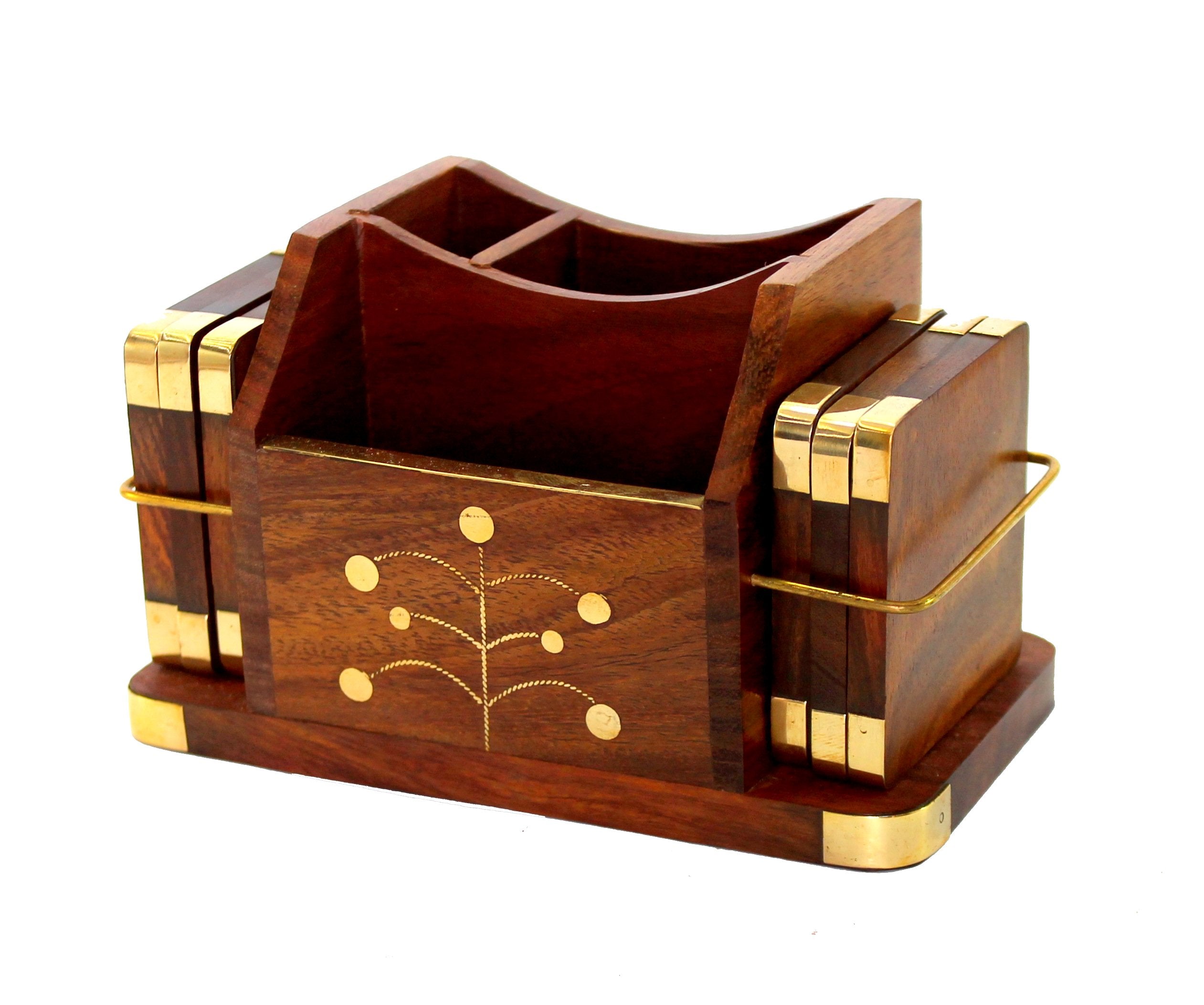 Stonkraft Wooden Rosewood Desk Organizer, Coasters Set, Pen Stand, Business Card Holder With Brass Work (Office Table Accessorie