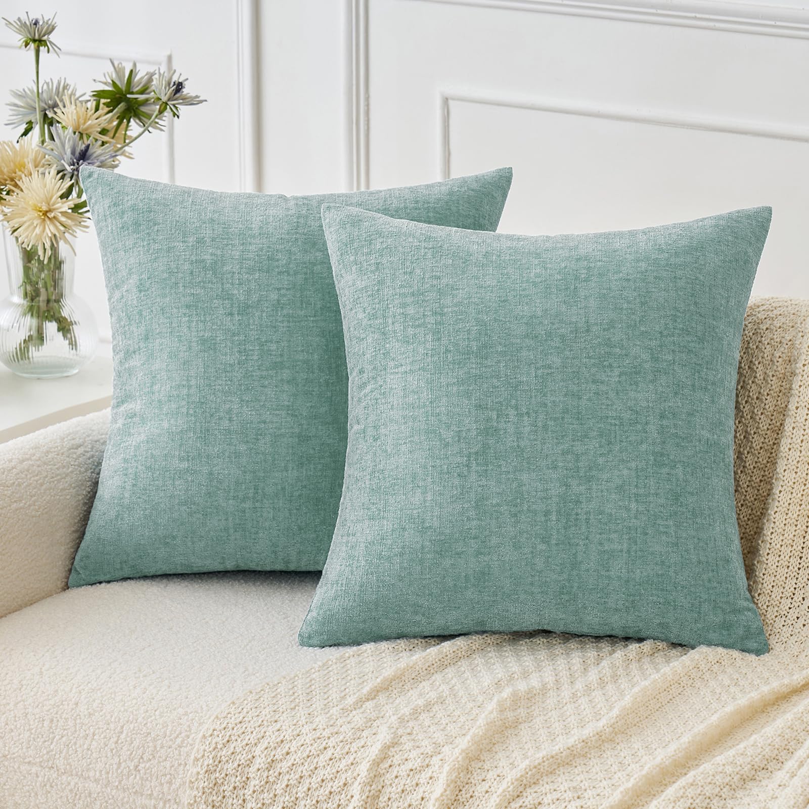 Miulee Pack Of 2 Couch Throw Pillow Covers 16X16 Inch Soft Aqua Green Chenille Pillow Covers For Sofa Living Room Solid Dyed Pil