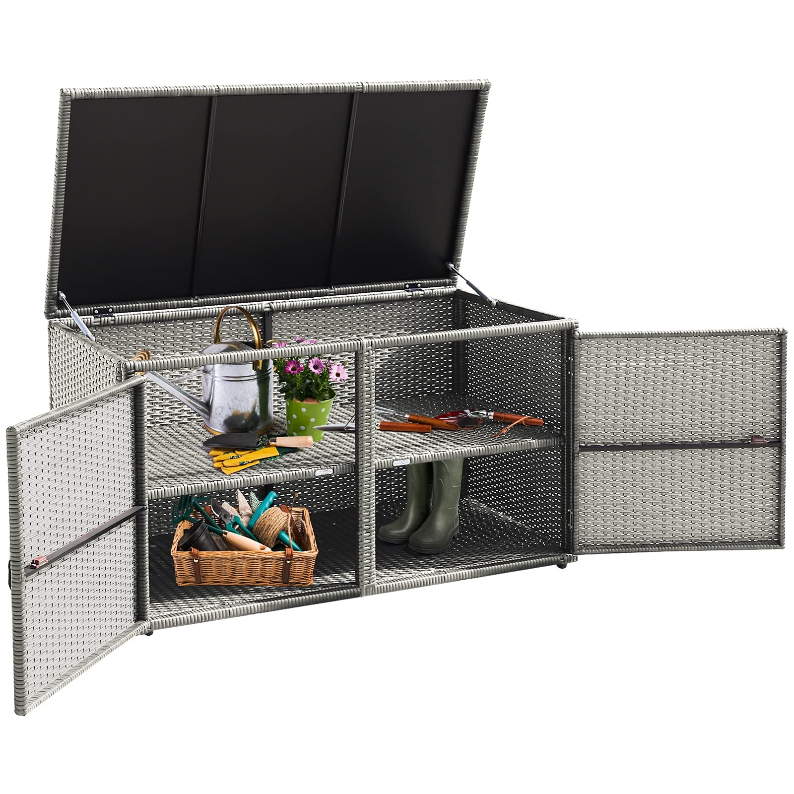 Happygrill Deck Box Outdoor Patio Pool Storage Box Outside Rattan Wicker Toy Storage Bin Cabinet With Steel Frame Shelf For Gard