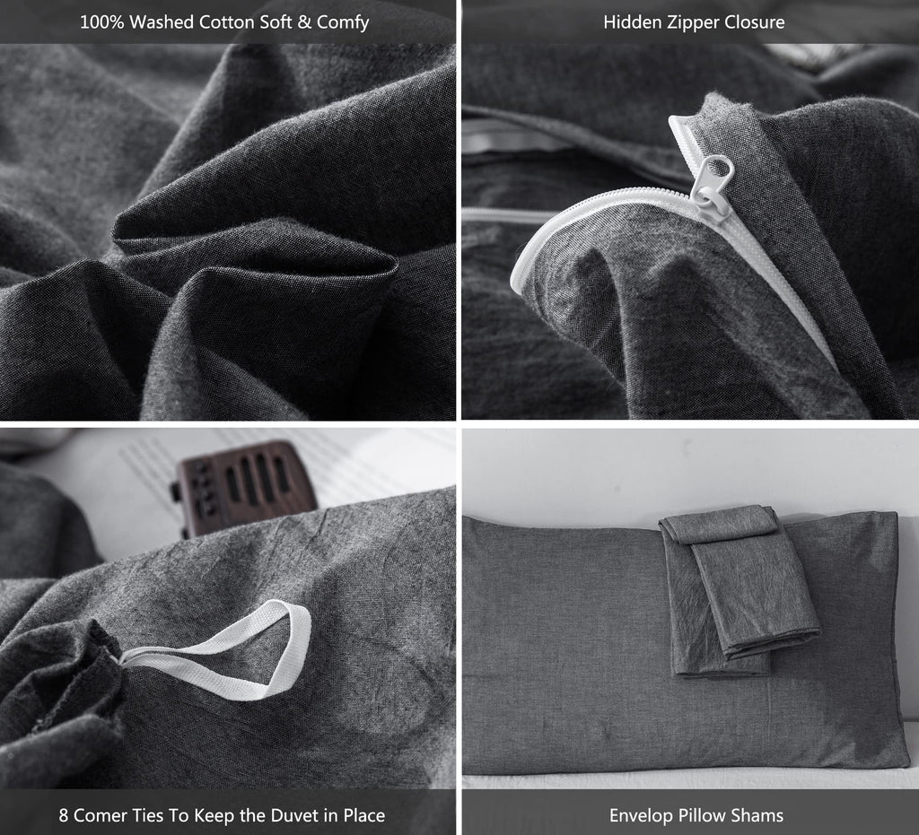 Moomee Bedding Duvet Cover Set 100% Washed Cotton Linen Like Textured Breathable Durable Soft Comfy (Dark Grey, King)