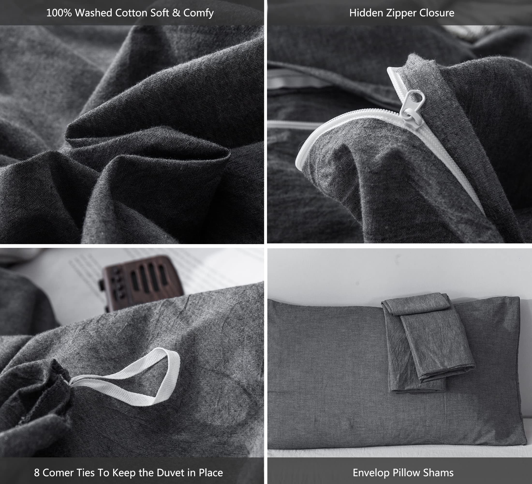 Moomee Bedding Duvet Cover Set 100% Washed Cotton Linen Like Textured Breathable Durable Soft Comfy (Dark Grey, King)