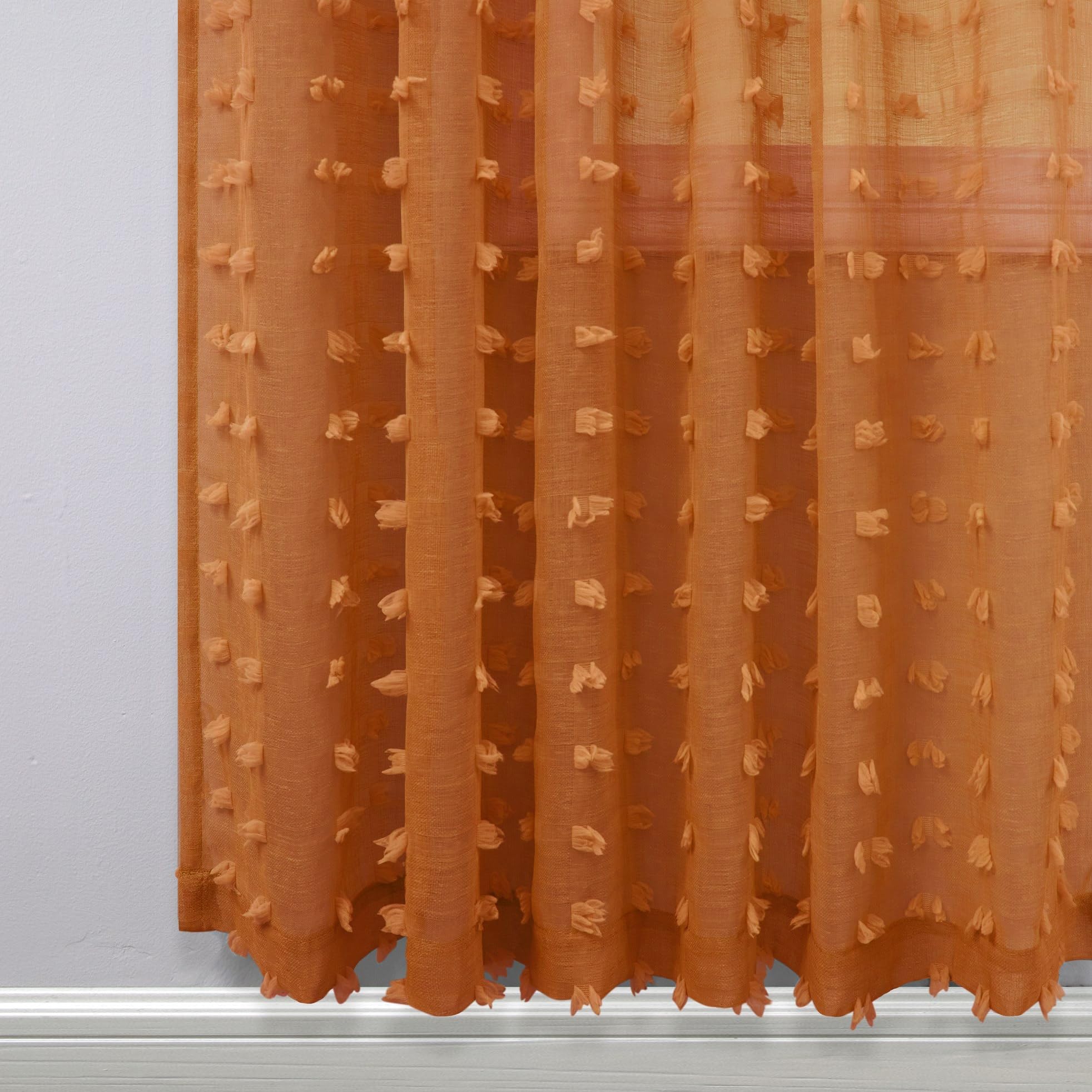 Koufall Burnt Orange Back Tab Rod Pocket Pom Pom Sheer Curtains,8 Ft 52X96 Length