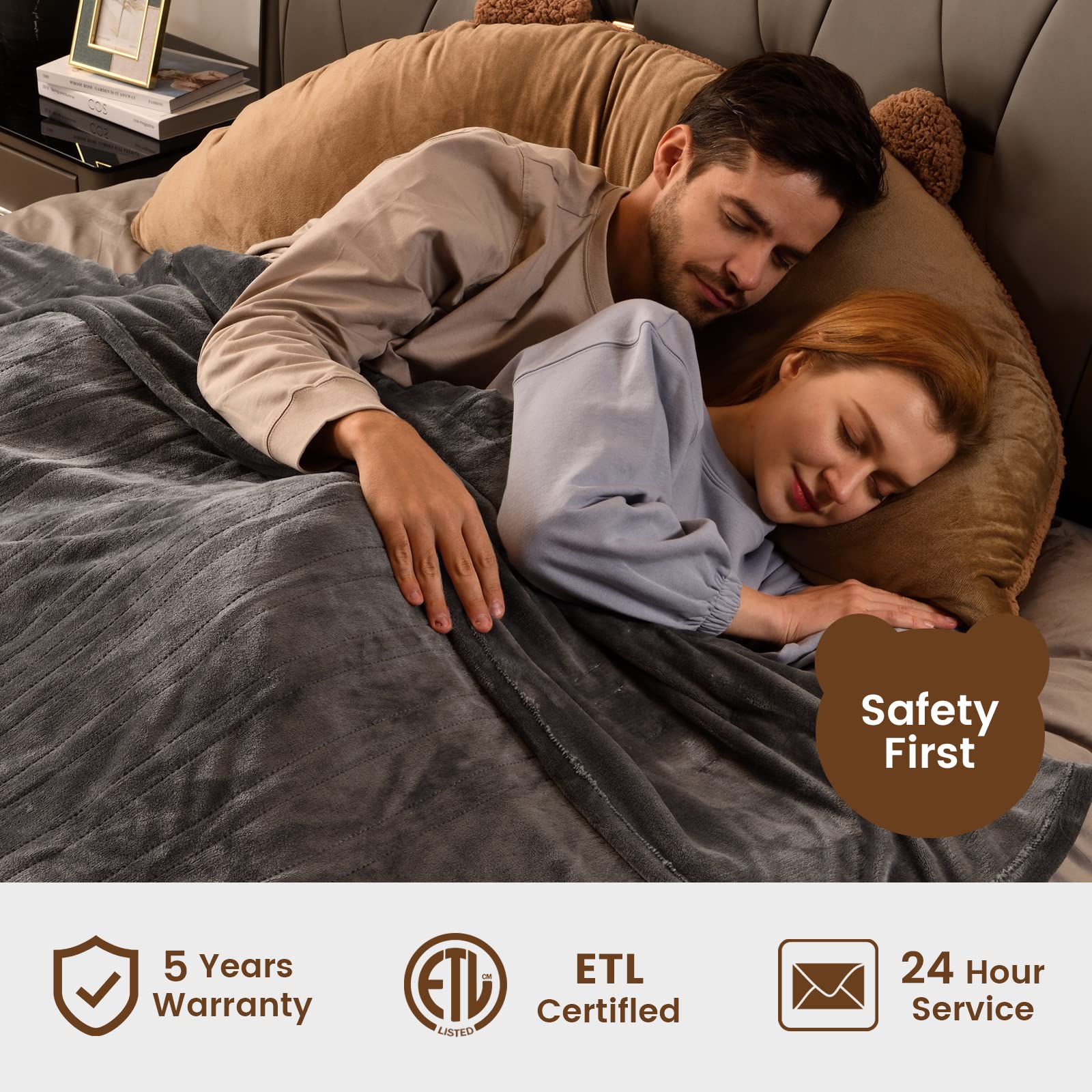 Bearhug Electric Blanket Queen Size 84' X 90', Dual Controllers Grey Heated Blanket, Velvet & Sherpa, 10-Heating Level & 1-12H