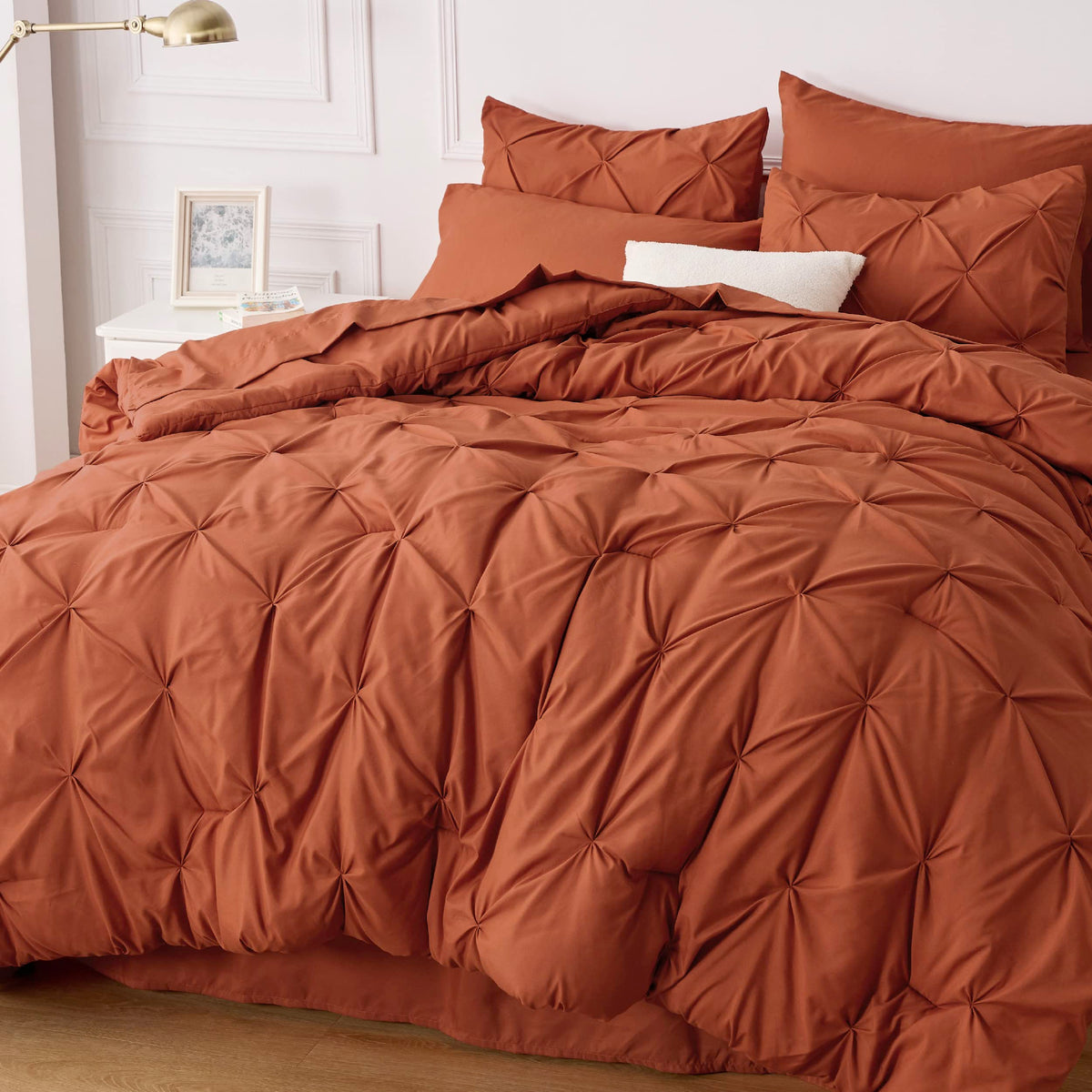 Bedsure King Size Comforter Set - Bedding Set King 7 Pieces, Pintuck Bed In A Bag Burnt Orange Bed Set With Comforter, Sheets, P