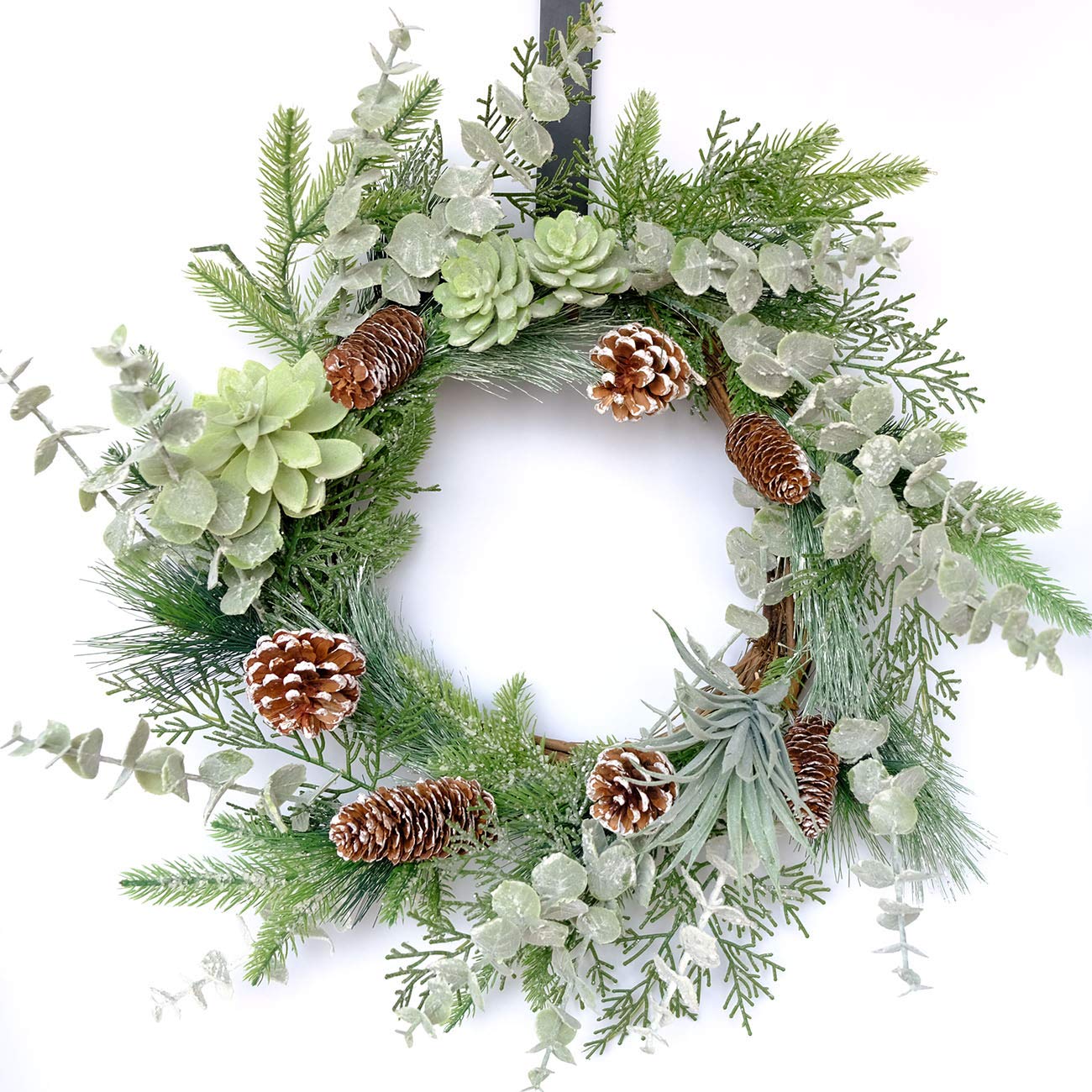 idyllic 22 Inches Greenery Wreath Snowy Pine Cone Grapevine Wreath Artificial Winter Garlands for Front Door Indoor Wall Decor f