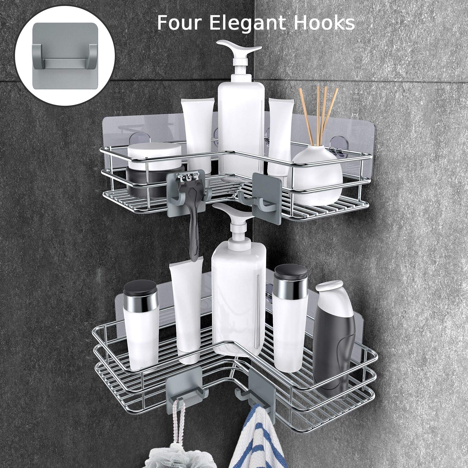 Nieifi Corner Shower Shelves Stainless Steel, Adhesive Shower Caddy Basket Rack With Hooks, Rust Proof For Bathroom Shelf Shampo