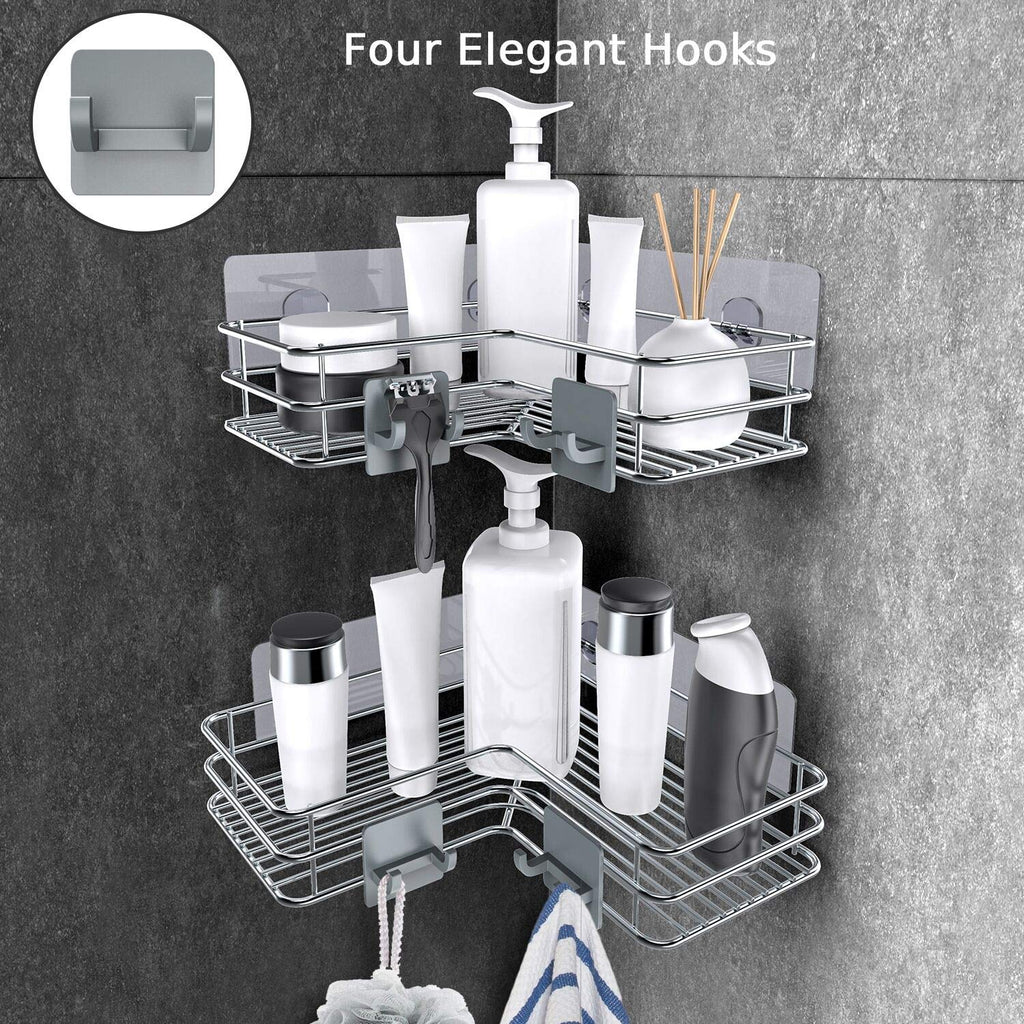 Nieifi Corner Shower Shelves Stainless Steel, Adhesive Shower Caddy Basket Rack With Hooks, Rust Proof For Bathroom Shelf Shampo