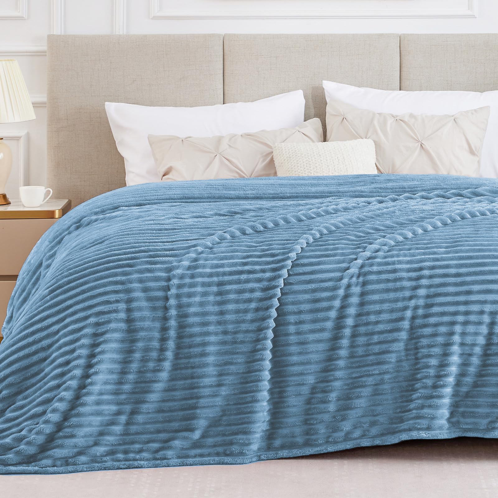 Bedelite Full Size Throw Blanket For Bed - 300Gsm Soft & Warm Fluffy Light Blue Blanket, Decorative And Giftable Striped Blanket