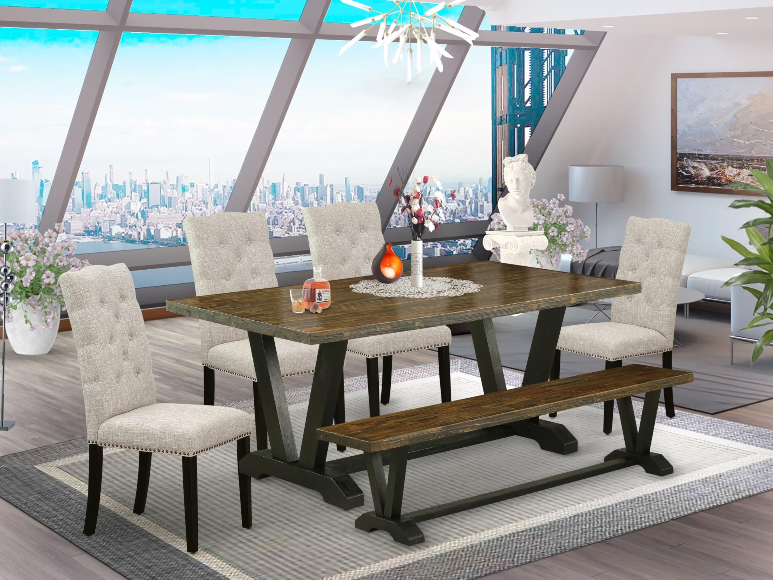 East West Furniture V677El635-6 6 Piece Dining Table Set Contains A Rectangle Kitchen Table With V-Legs And 4 Doeskin Linen Fabric Upholstered Chairs With A Bench, 40X72 Inch, Multi-Color