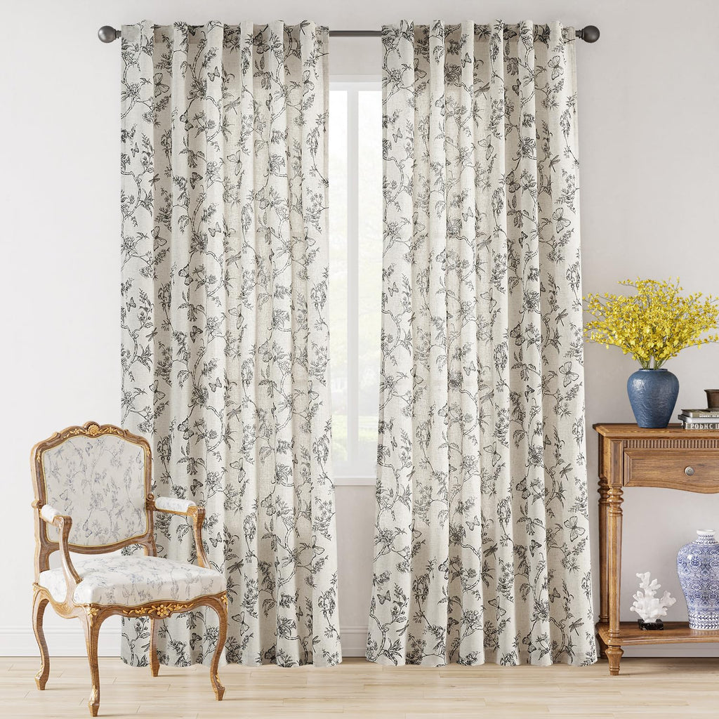 Lazzzy Linen Black Floral Curtains 90 Inch Length Farmhouse Curtain Back Tab Drapes For Living Room Bedroom Light Filtering Vint