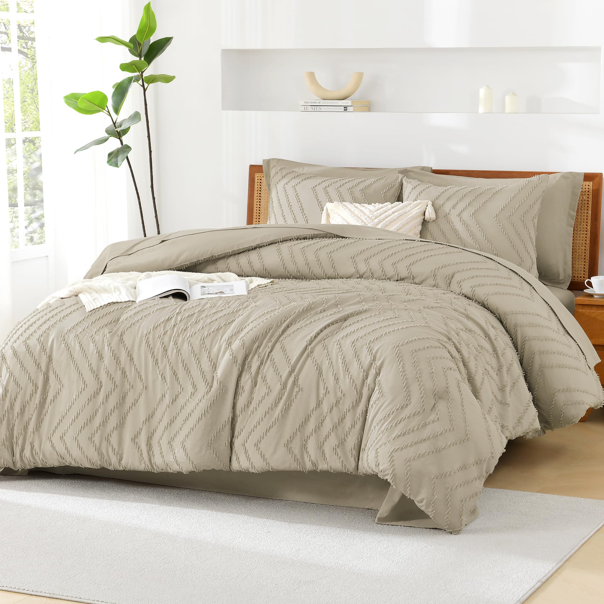 Litanika Light Hazel Queen Size Comforter Set With Sheets - 7 Pieces Bed In A Bag Queen Boho Tufted Complete Beddding Sets With